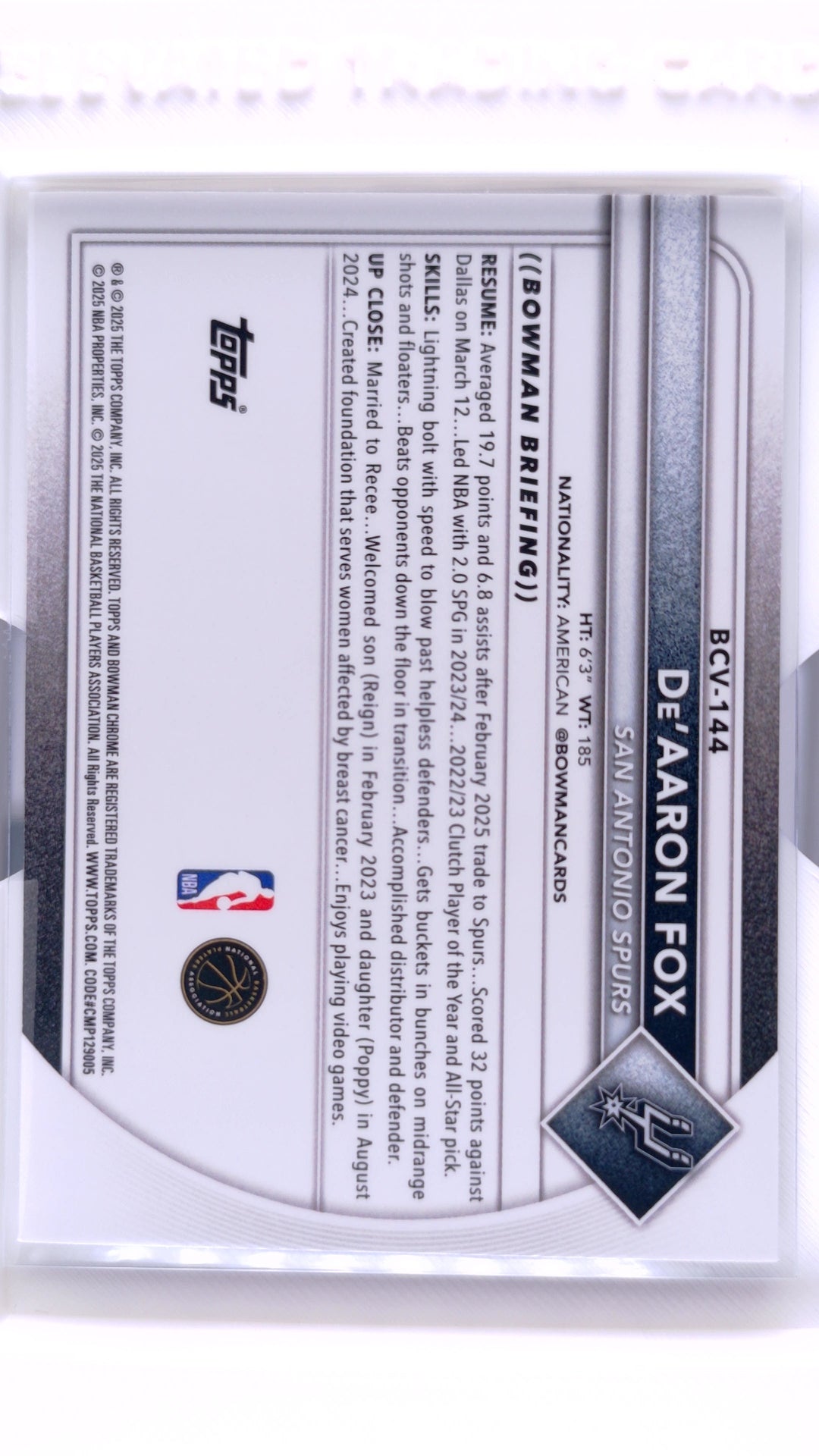 #BCV-144 De'Aaron Fox Chrome - back