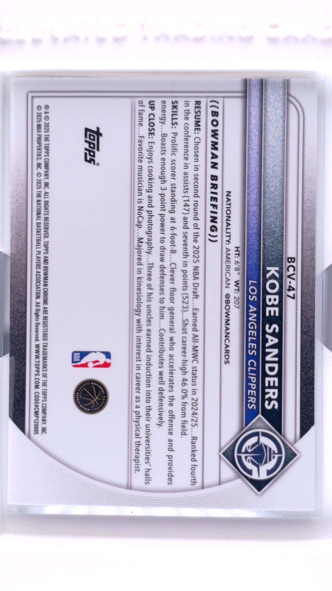 #BCV-47 Kobe Sanders Rookie Chrome - back