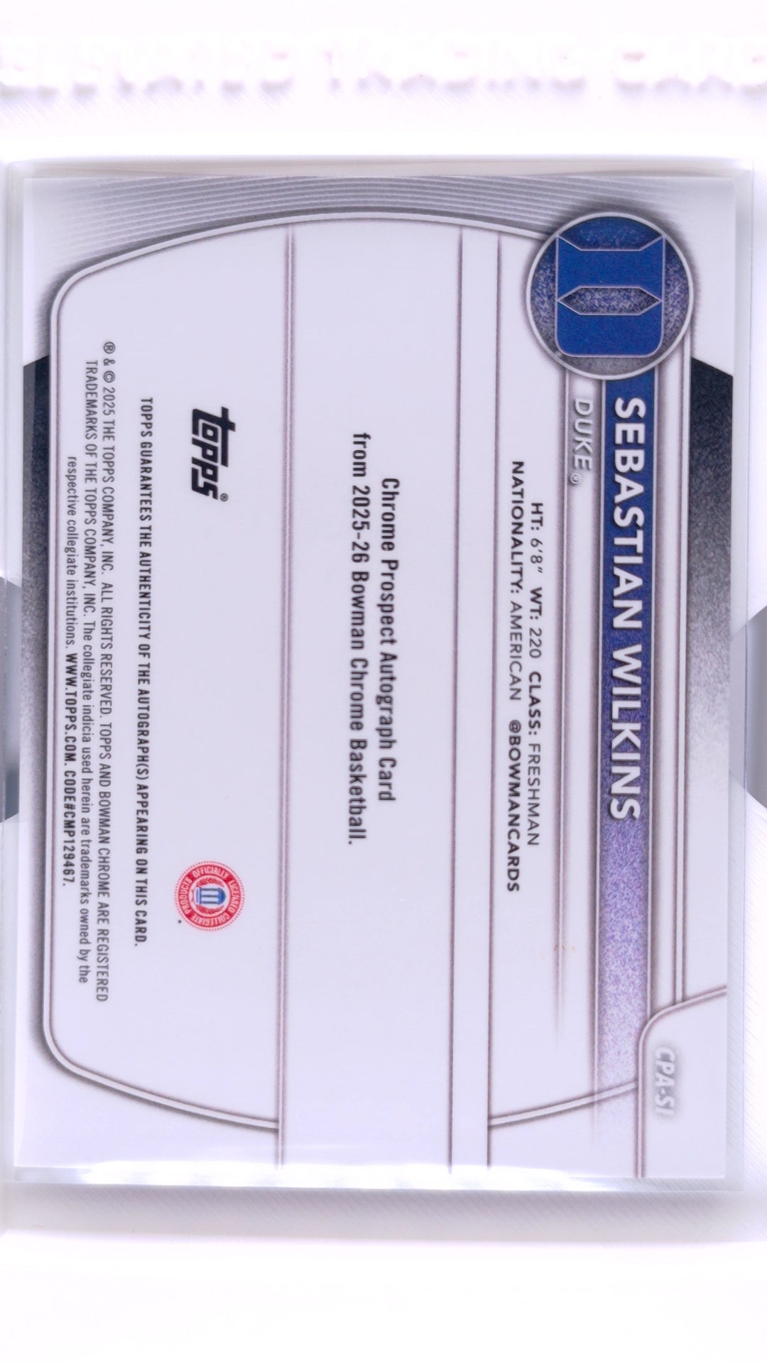 #CPA-SI Sebastian Wilkins Chrome Prospect Autographs Speckle Refractor #140/299 - back