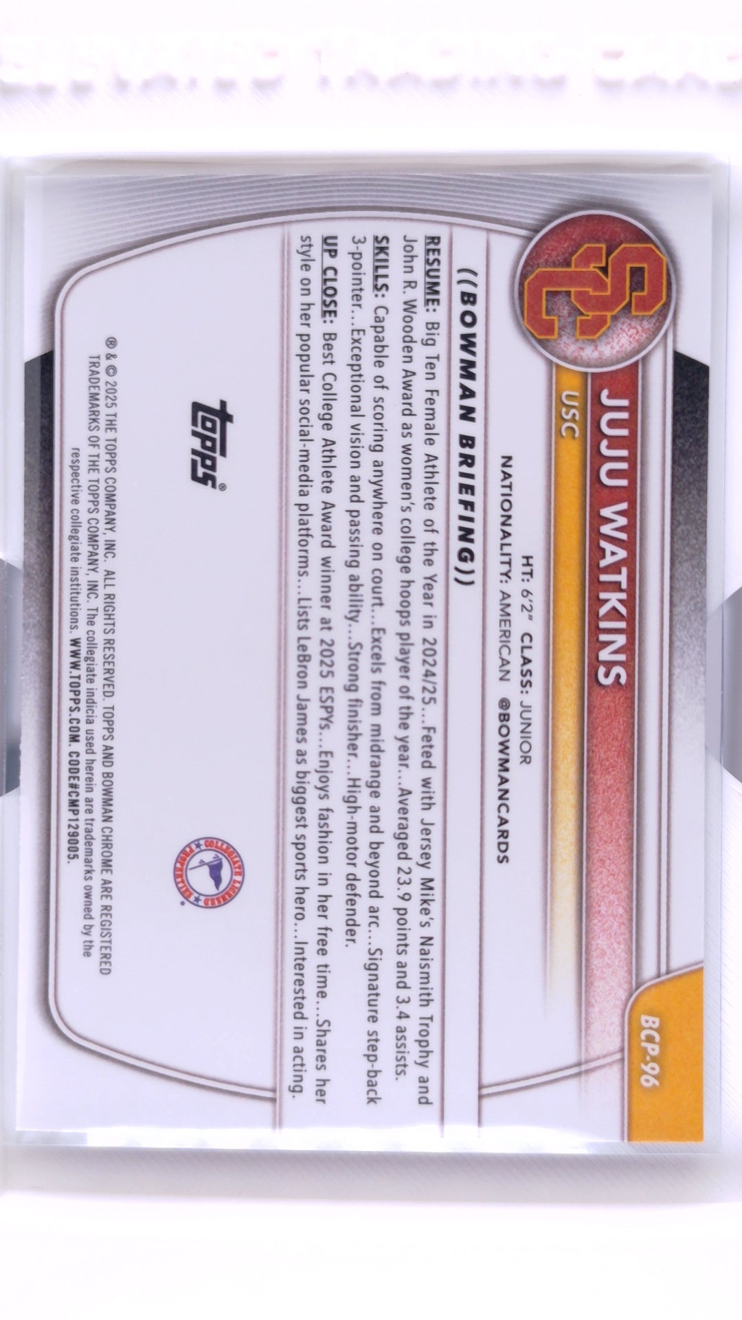 #BCP-96 Juju Watkins Chrome Prospects - back