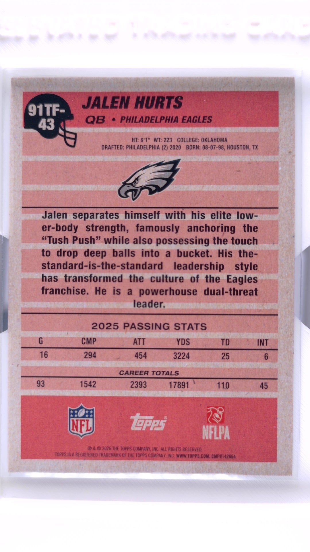 #91TF-43 Jalen Hurts 1991 Topps Football - back