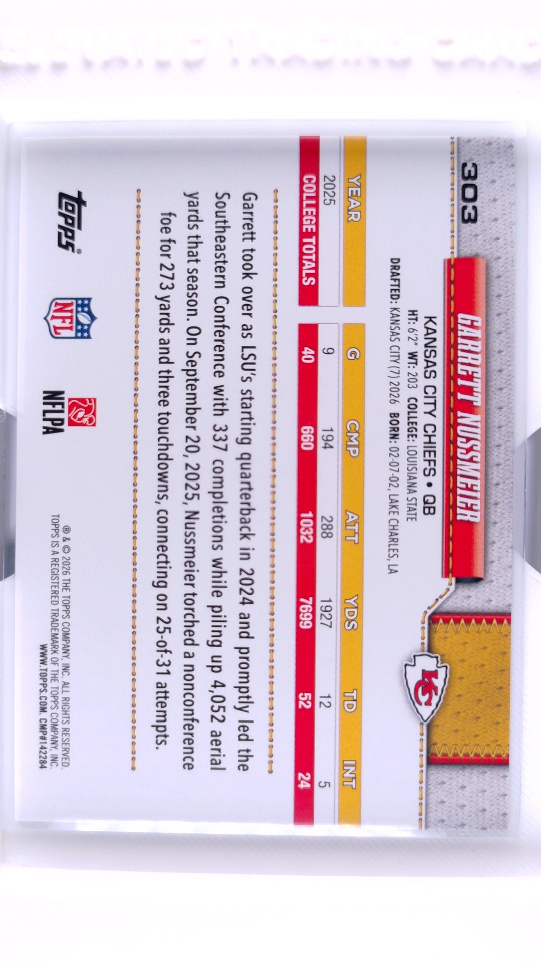 #303 Garrett Nussmeier Rookie Rainbow Foil - back