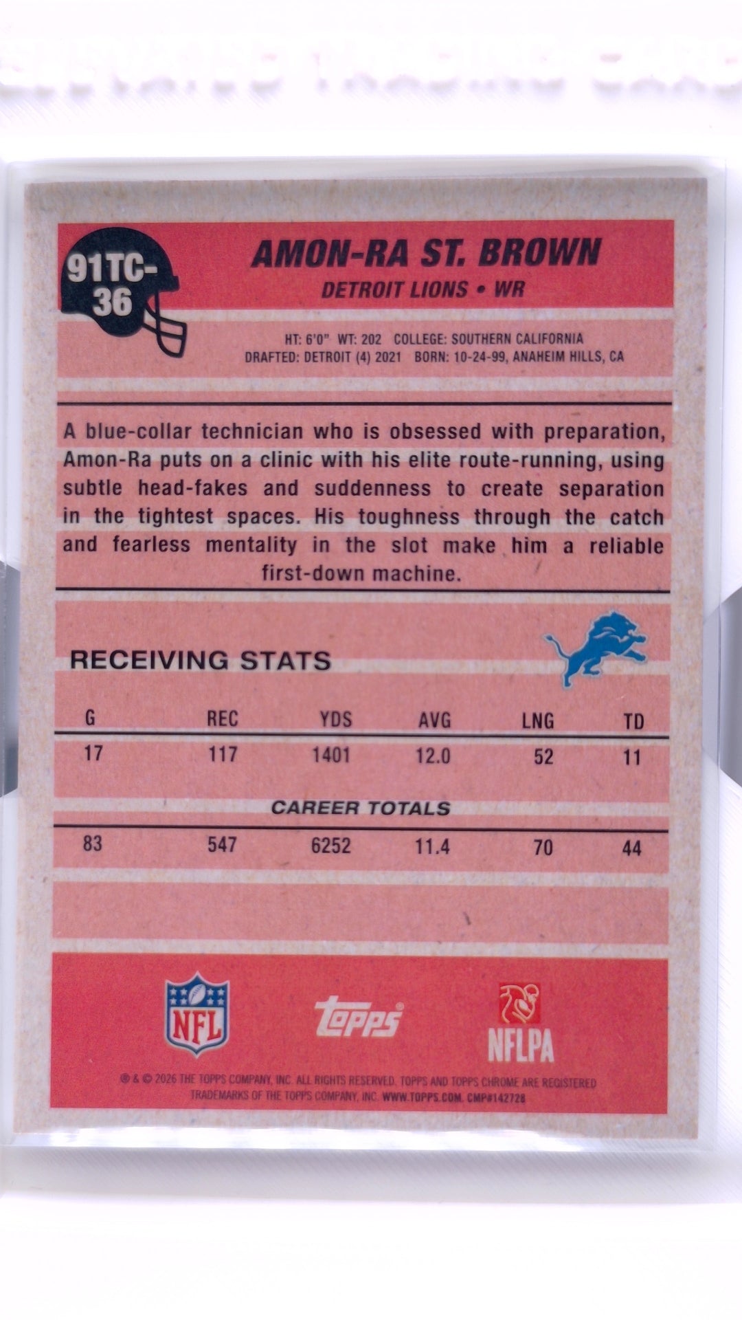 #91TC-36 Amon-Ra St. Brown 1991 Topps Football Chrome Silver Pack Base - back