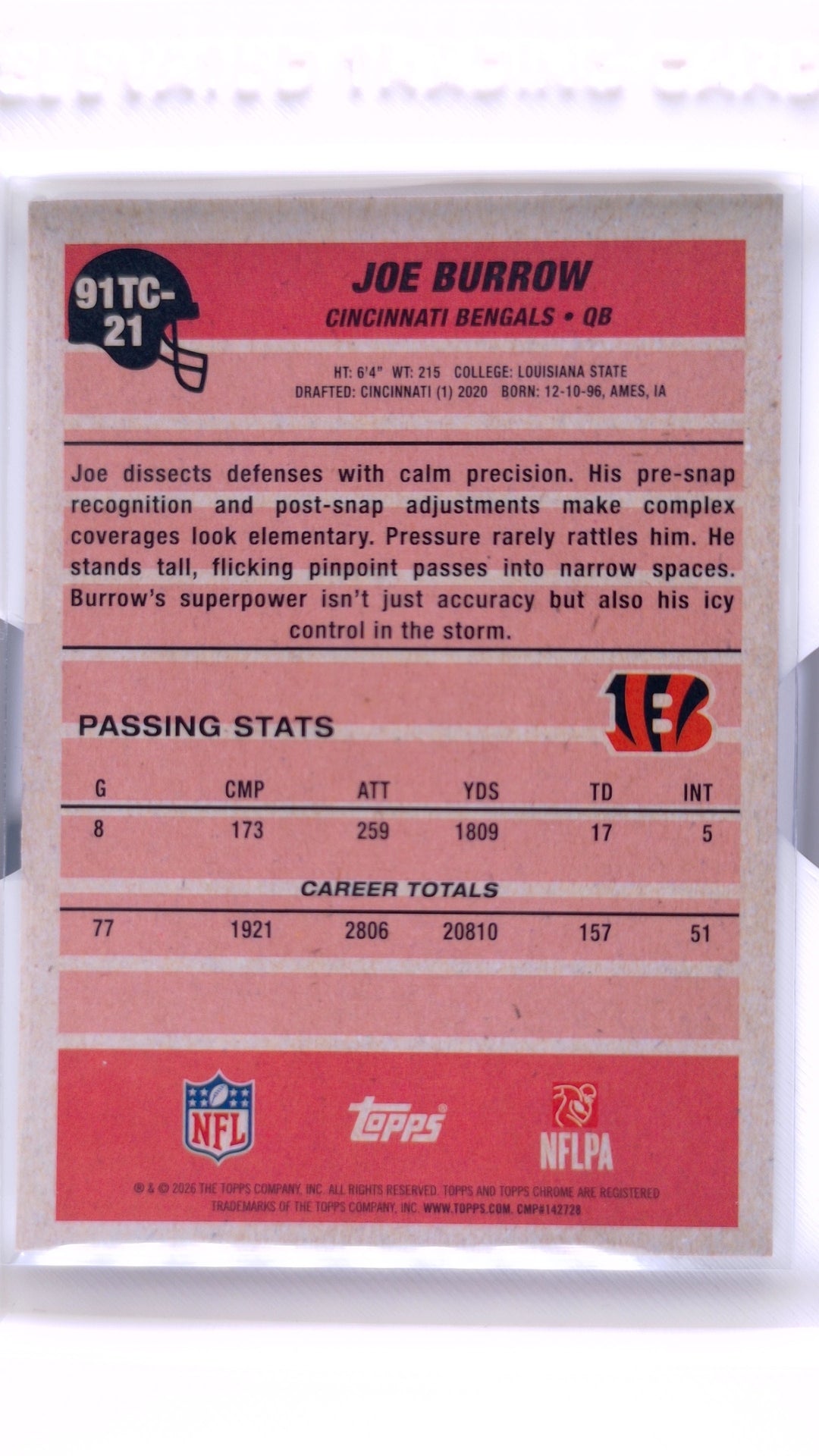 #91TC-21 Joe Burrow 1991 Topps Football Chrome Silver Pack Base - back