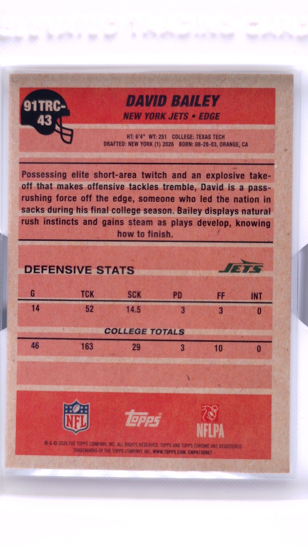 #91TRC-43 David Bailey Rookie 1991 Topps Rookies Football Chrome Silver Pack Base - back