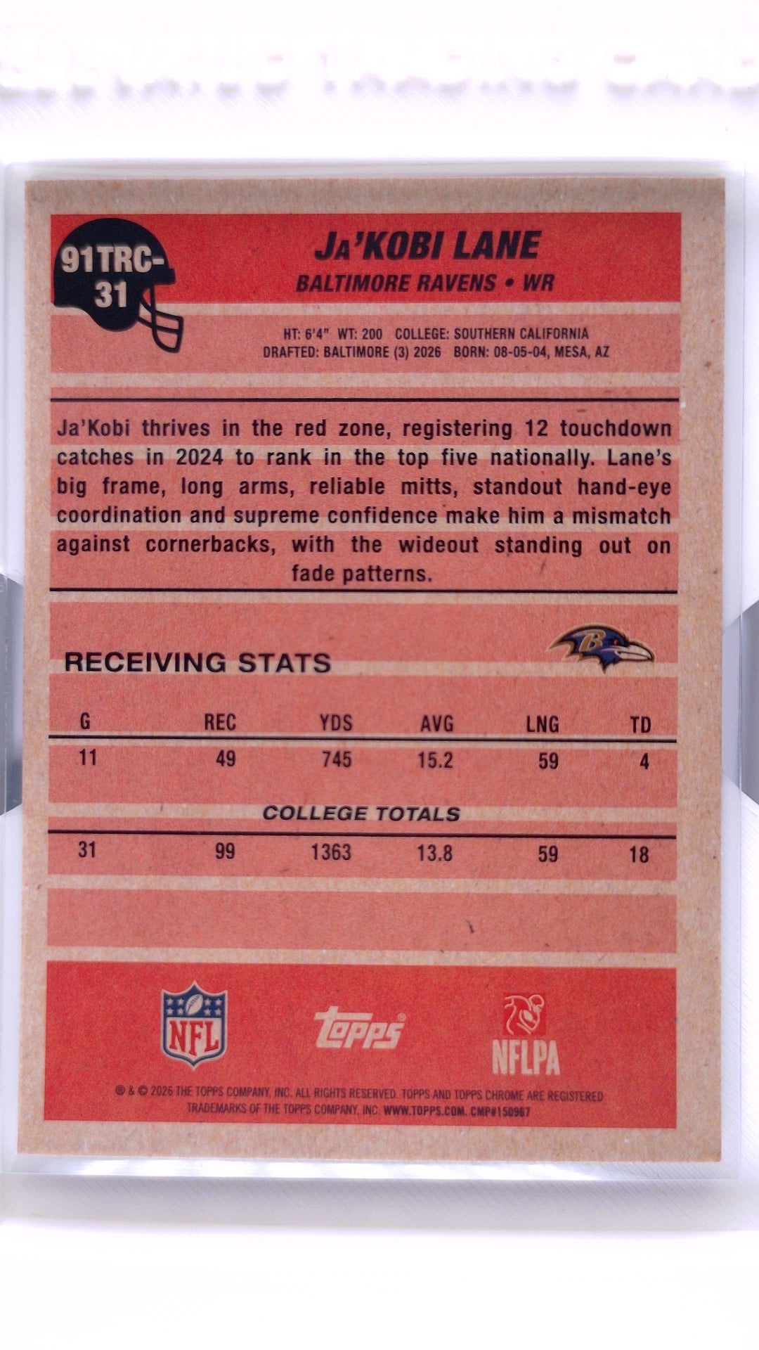 #91TRC-31 Ja'Kobi Lane Rookie 1991 Topps Rookies Football Chrome Silver Pack Base - back