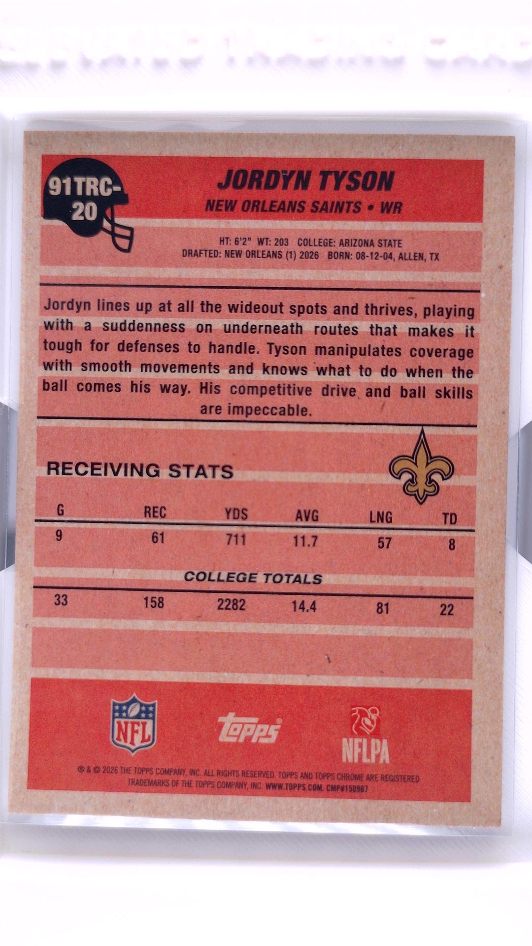 #91TRC-20 Jordyn Tyson Rookie 1991 Topps Rookies Football Chrome Silver Pack Base - back