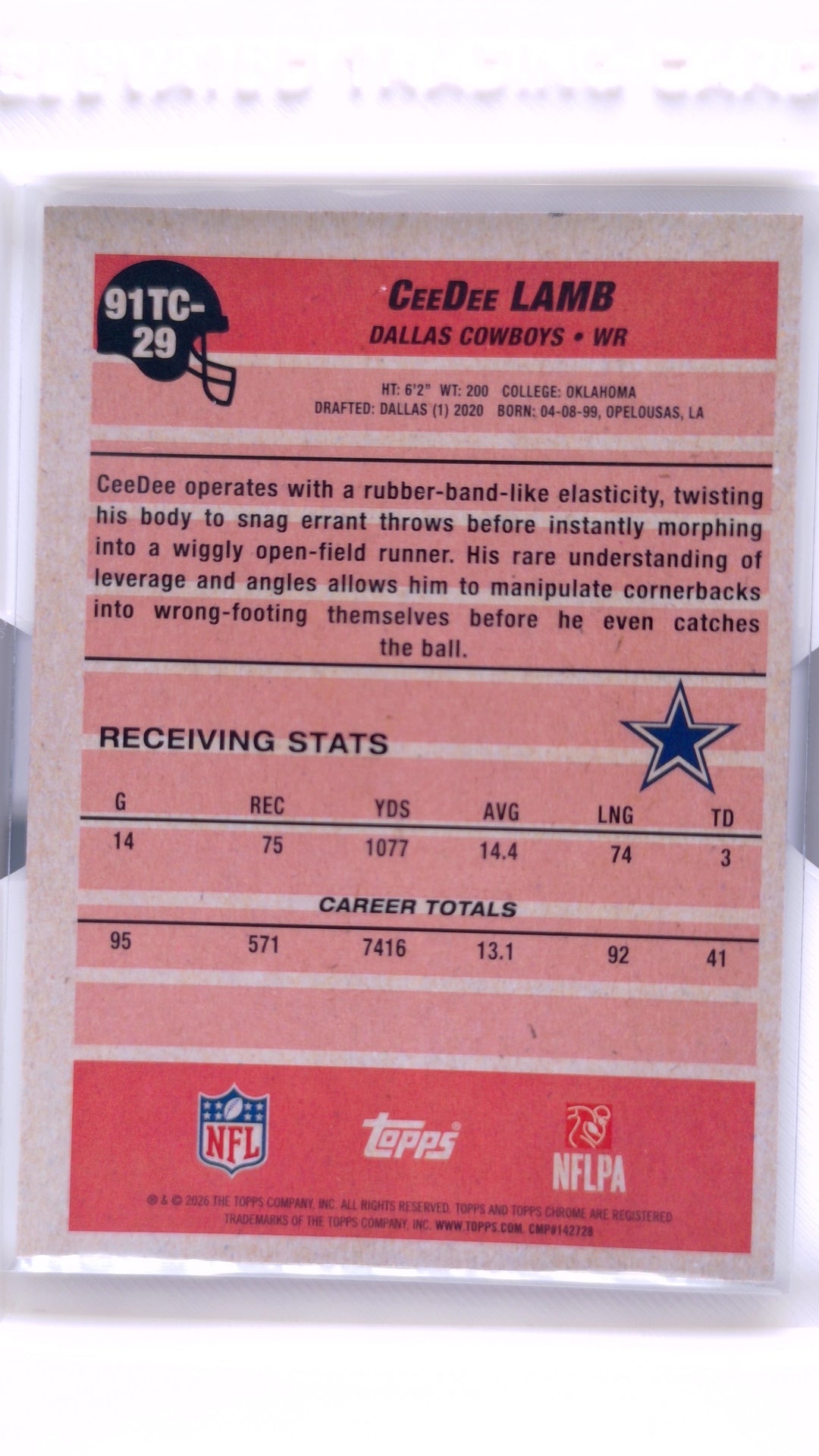 #91TC-29 CeeDee Lamb 1991 Topps Football Chrome Silver Pack Base - back