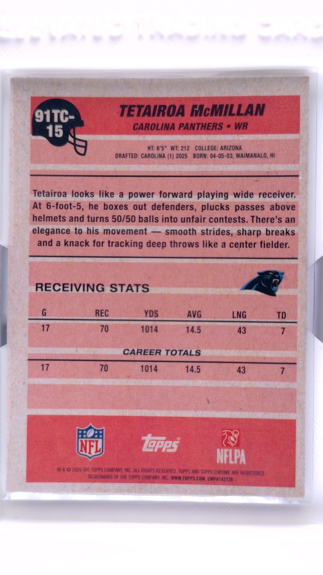 #91TC-15 Tetairoa McMillan 1991 Topps Football Chrome Silver Pack Base - back