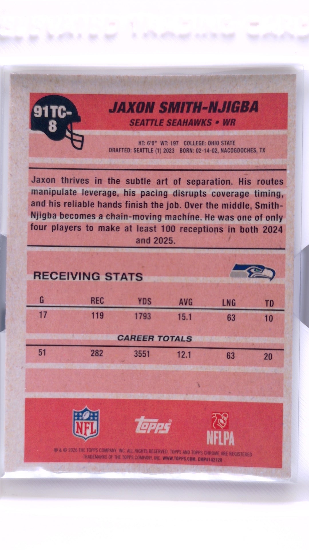 #91TC-8 Jaxon Smith-Njigba 1991 Topps Football Chrome Silver Pack Base - back