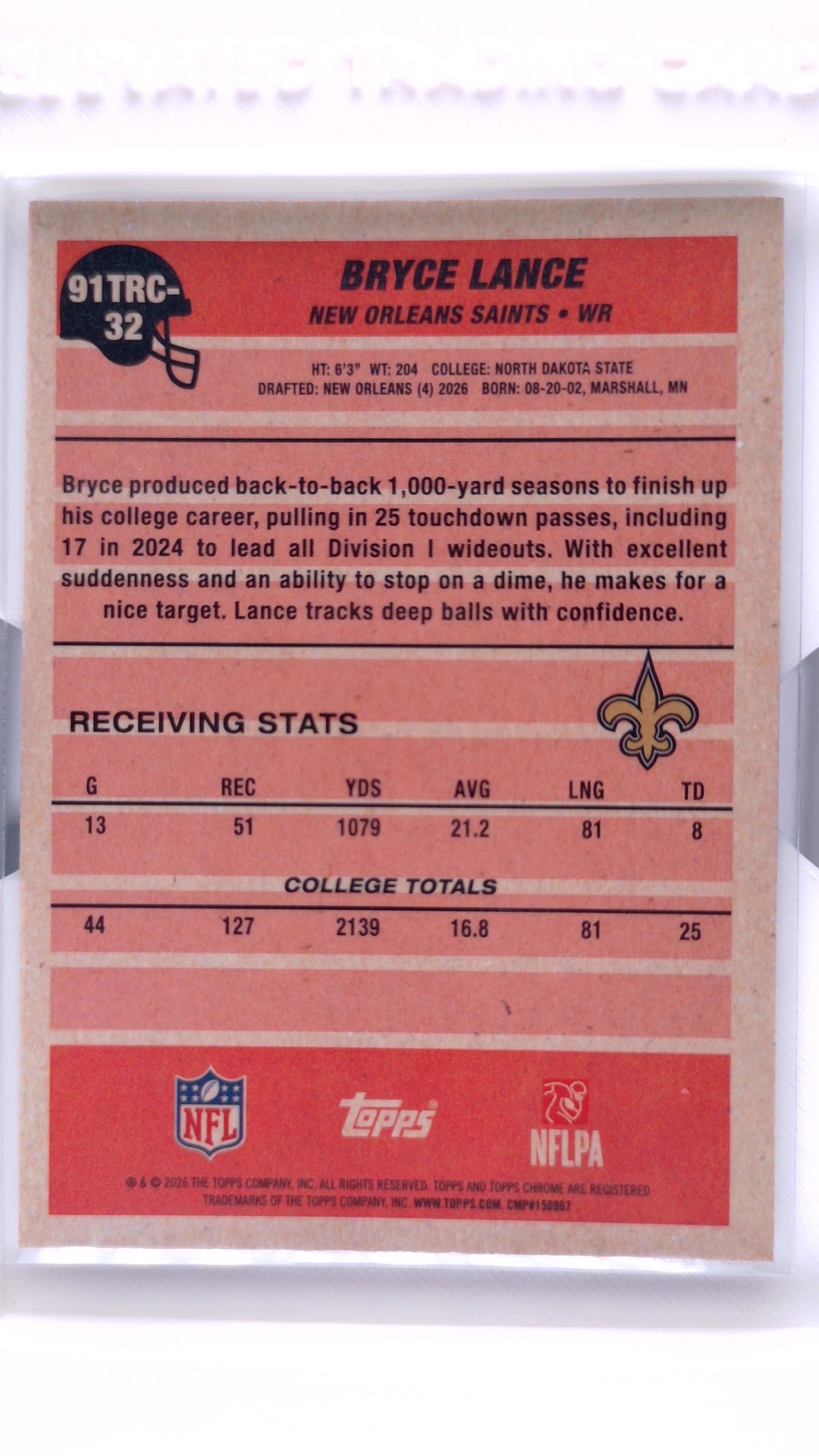 #91TRC-32 Bryce Lance Rookie 1991 Topps Rookies Football Chrome Silver Pack Base - back