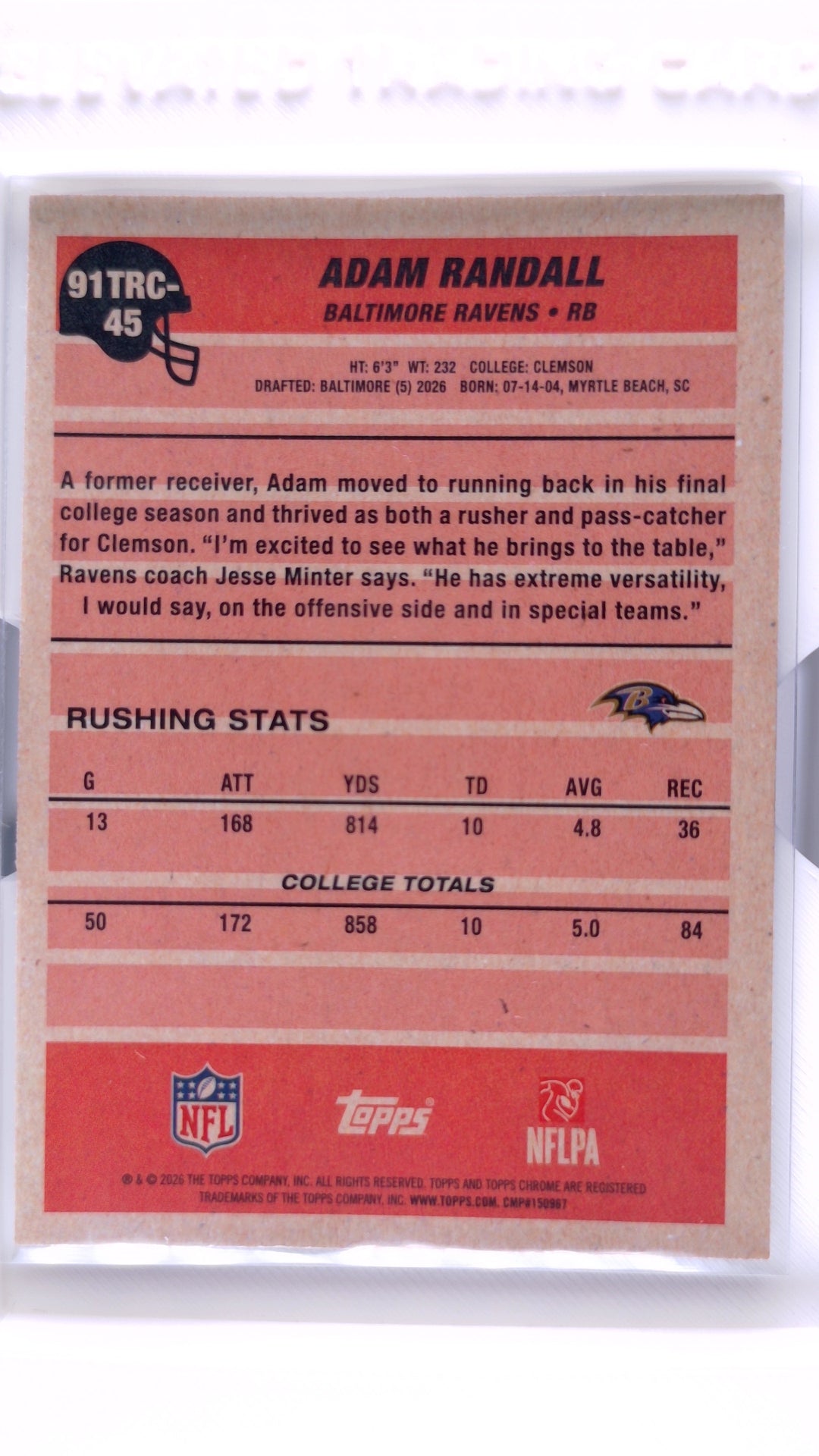 #91TRC-45 Adam Randall Rookie 1991 Topps Rookies Football Chrome Silver Pack Base - back