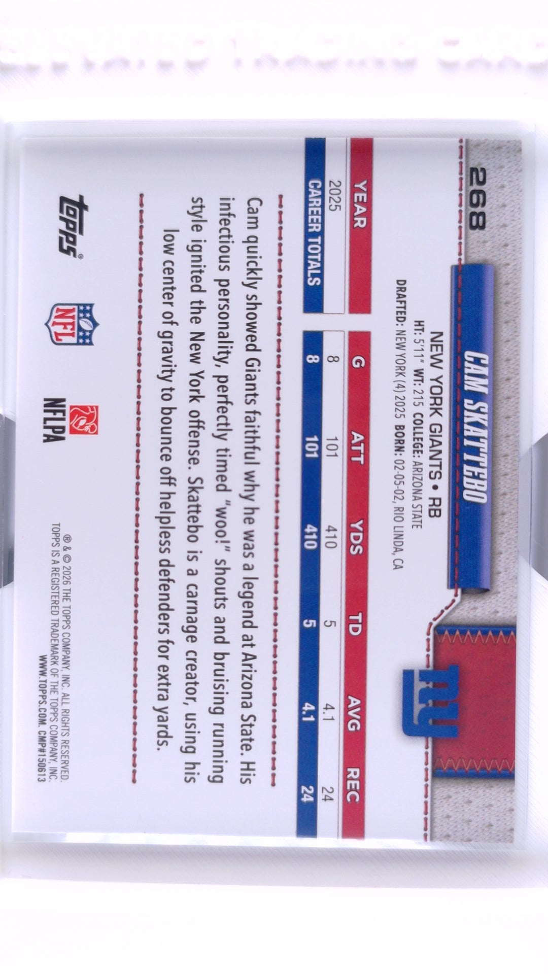 #268 Cam Skattebo Future Stars - back