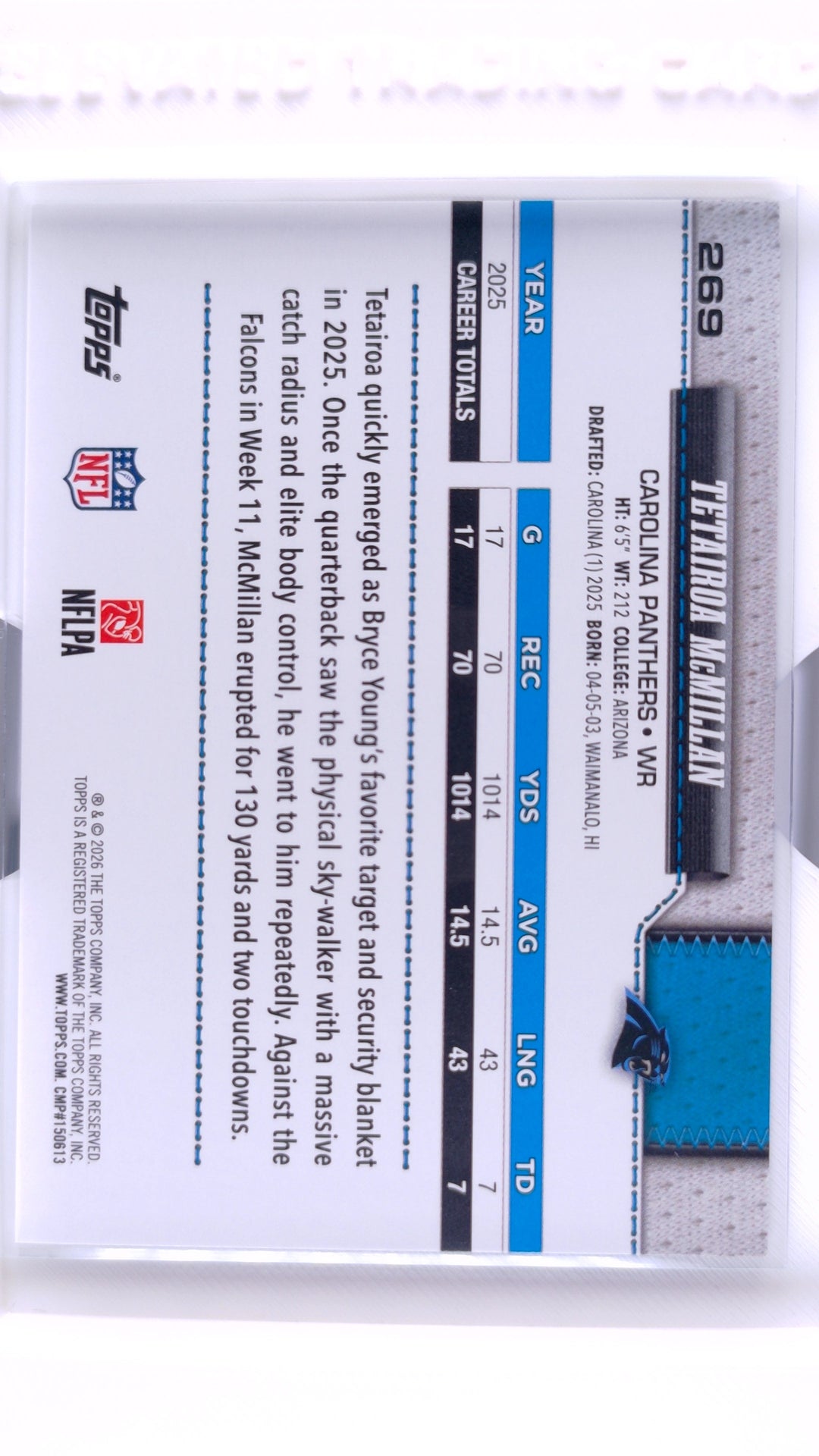 #269 Tetairoa McMillan Future Stars - back