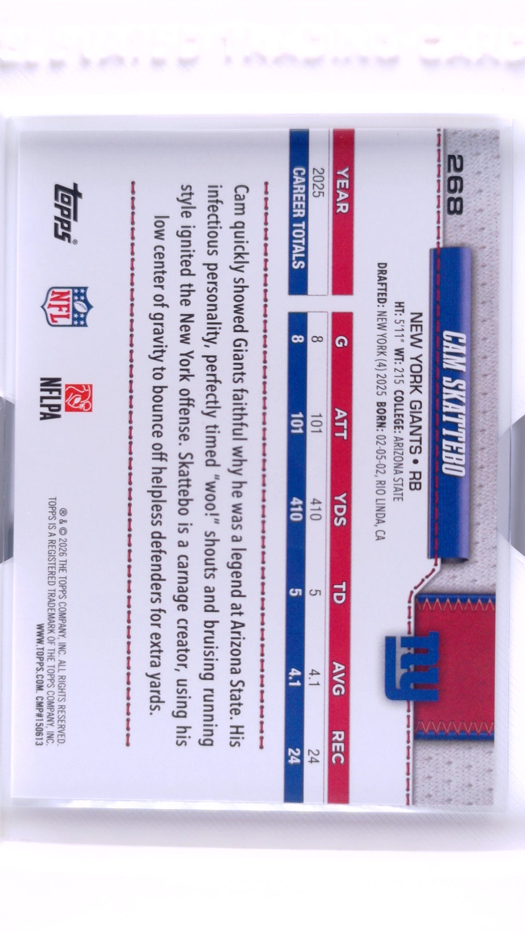 #268 Cam Skattebo Future Stars - back