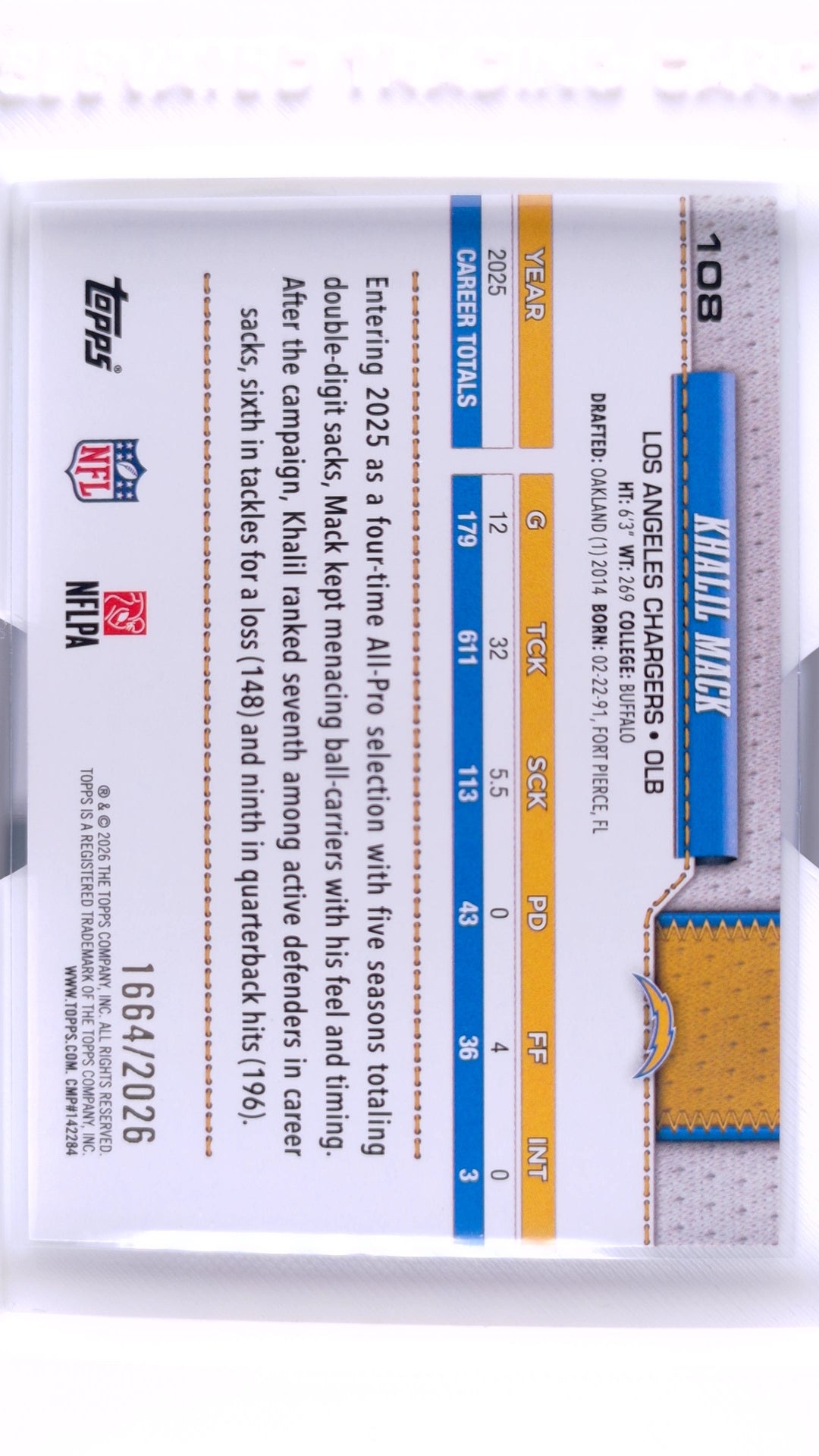 #108 Khalil Mack Gold #1664/2026 - back