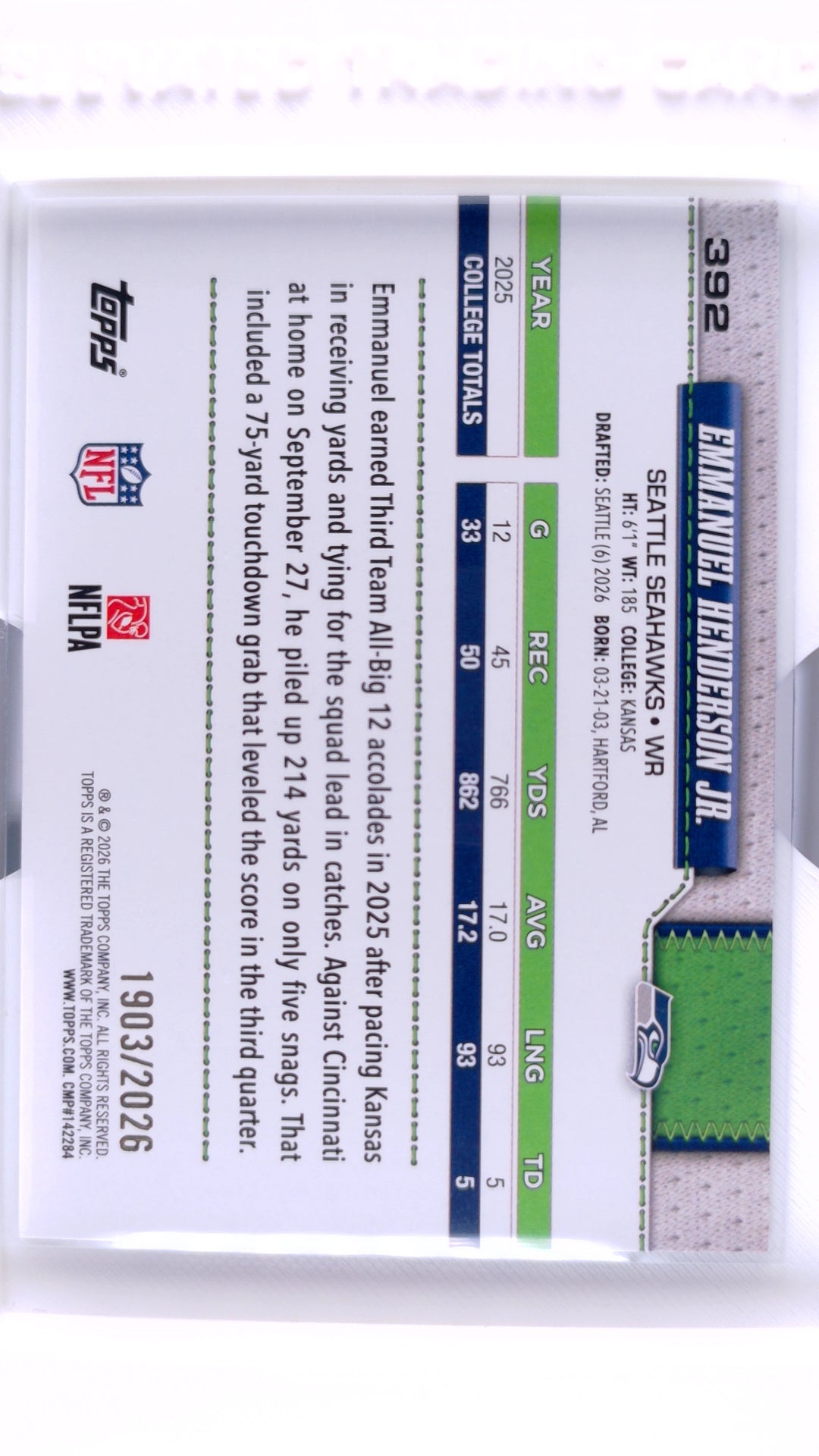 #392 Emmanuel Henderson Jr. Rookie Gold #1903/2026 - back