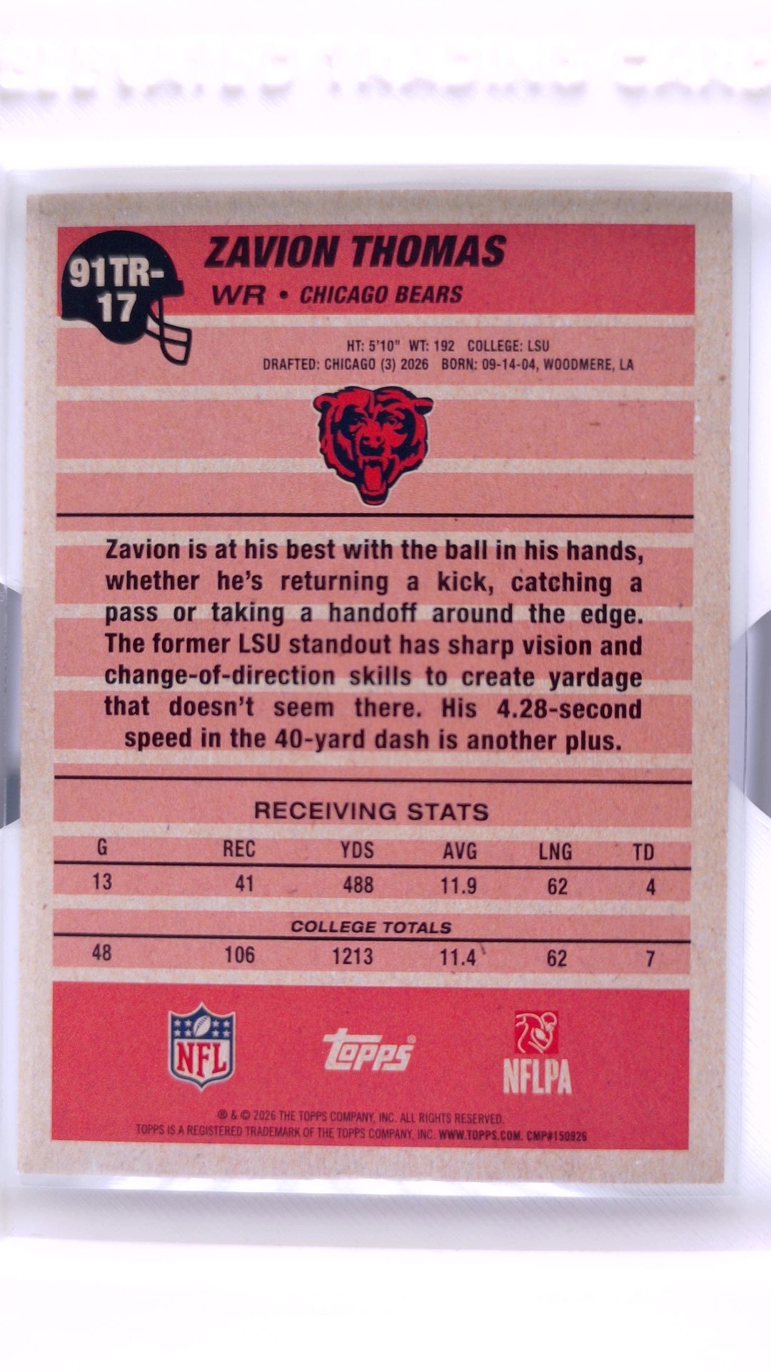 #91TR-17 Zavion Thomas Rookie 1991 Topps Rookies Football - back