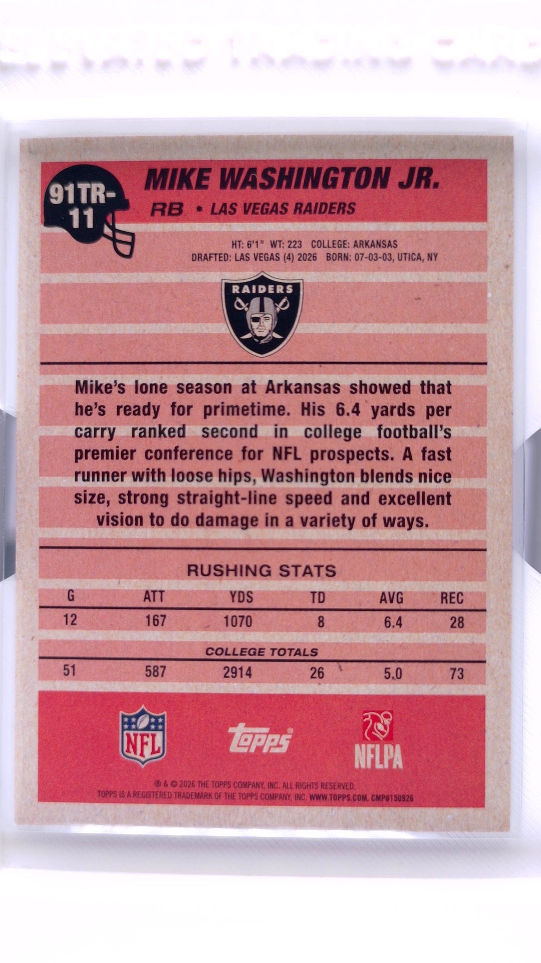#91TR-11 Mike Washington Jr. Rookie 1991 Topps Rookies Football - back