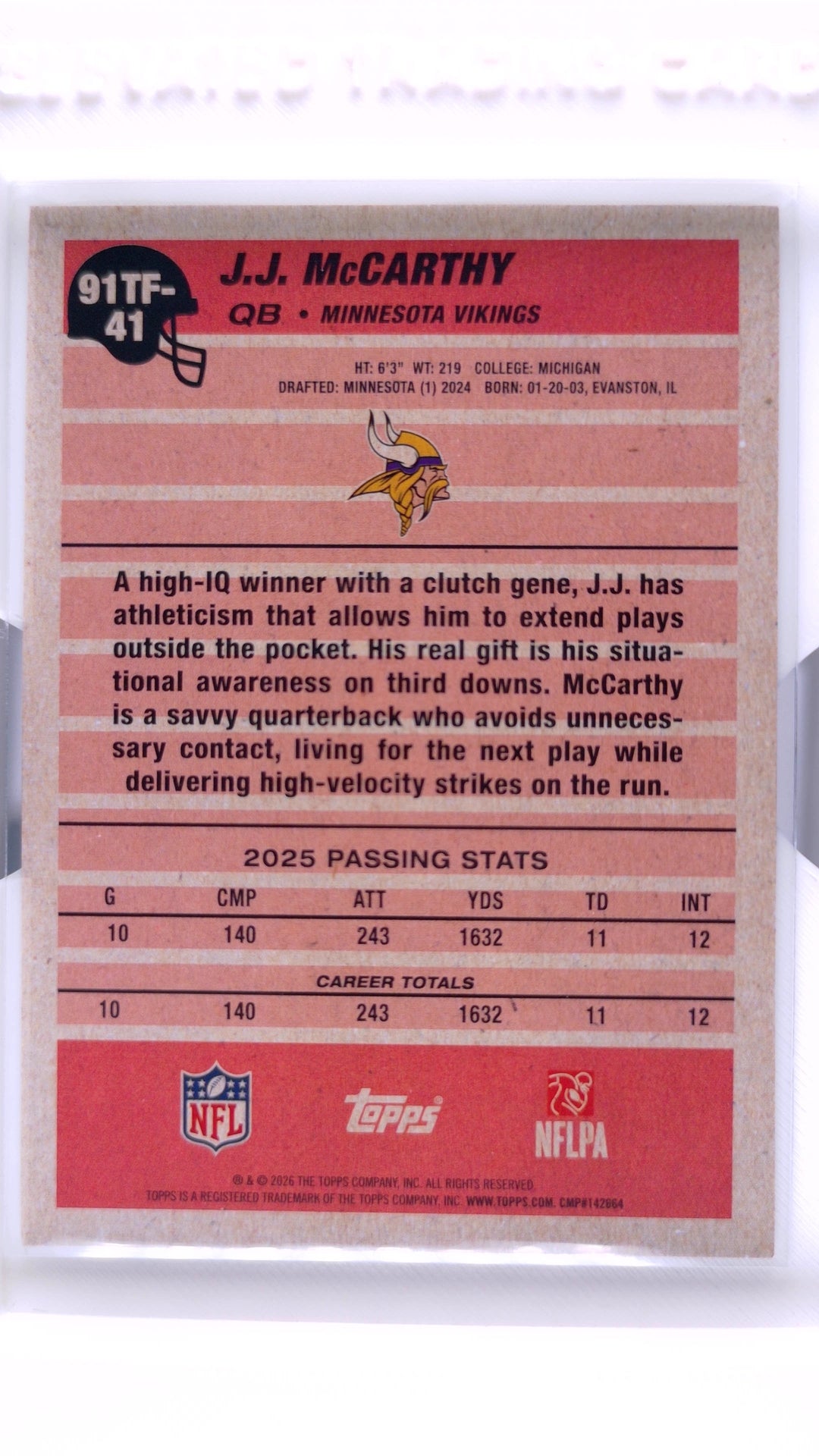 #91TF-41 J.J. McCarthy 1991 Topps Football - back
