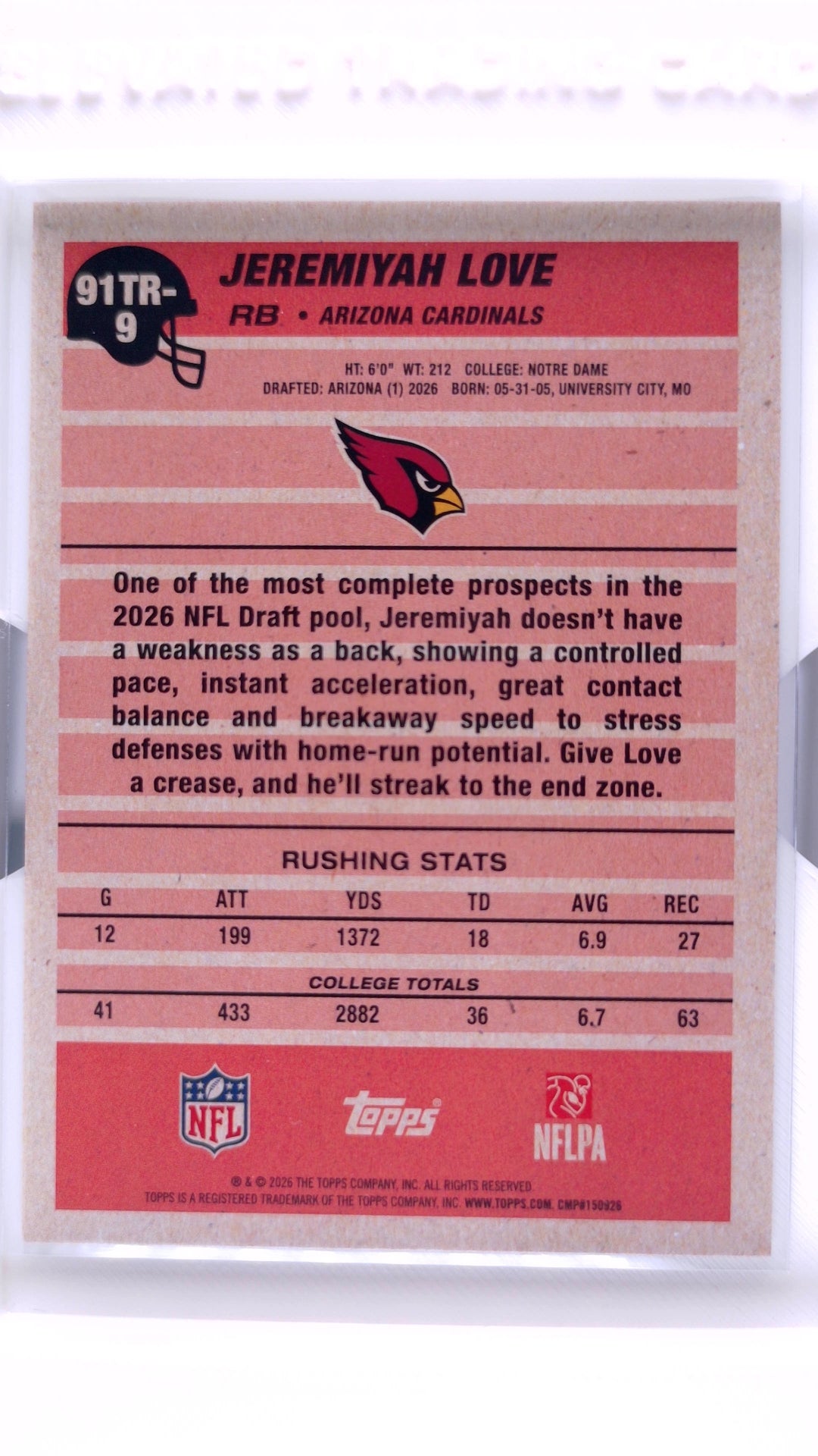 #91TR-9 Jeremiyah Love Rookie 1991 Topps Rookies Football - back
