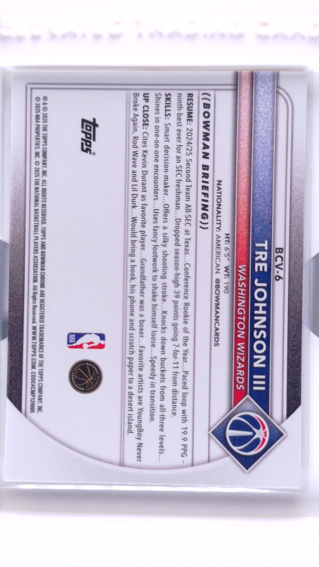 #BCV-6 Tre Johnson III Rookie Chrome - back