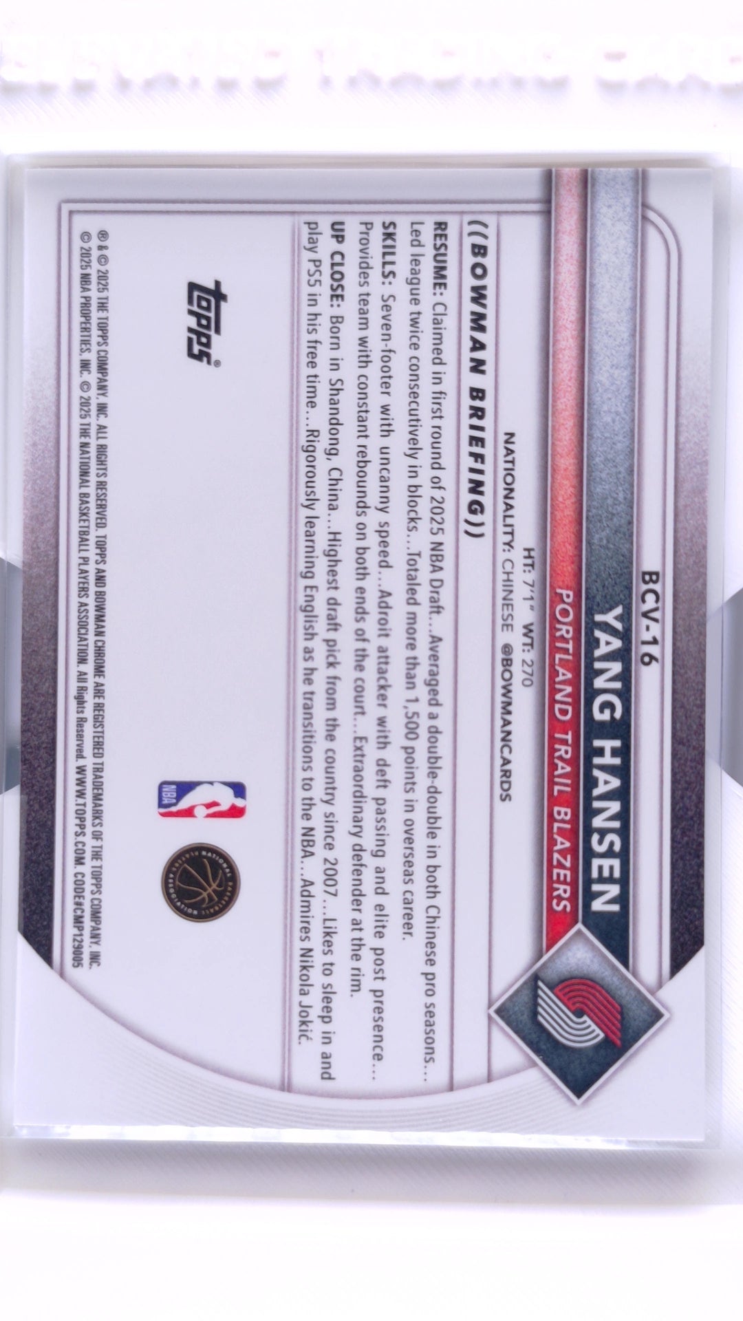 #BCV-16 Yang Hansen Rookie Chrome - back