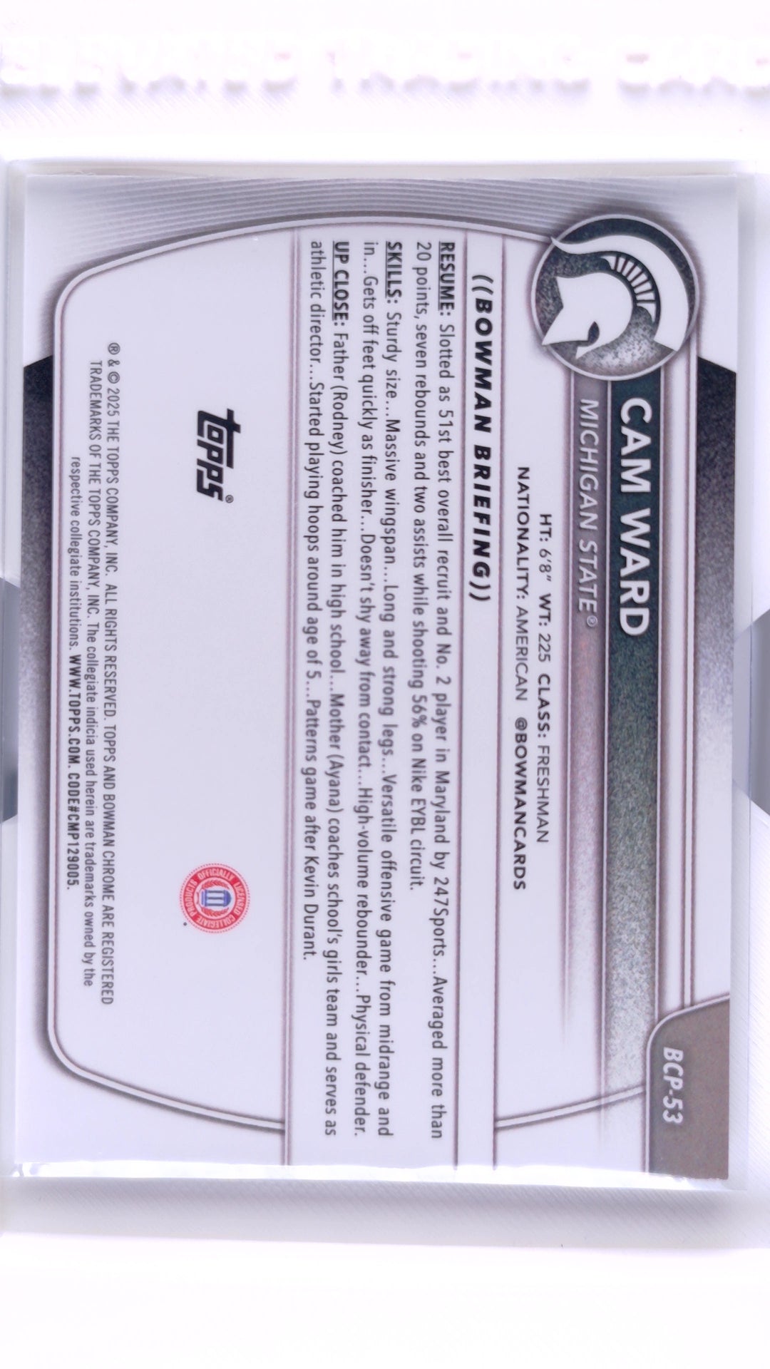 #BCP-53 Cam Ward Chrome Prospects - back