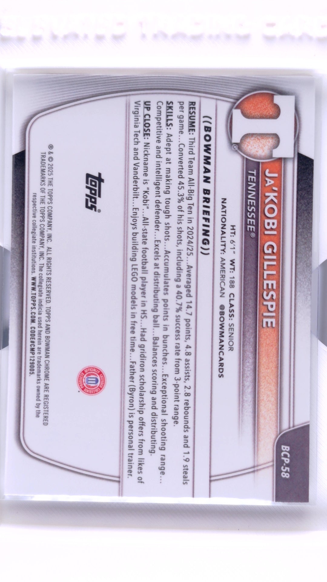 #BCP-58 Ja'Kobi Gillespie Chrome Prospects - back