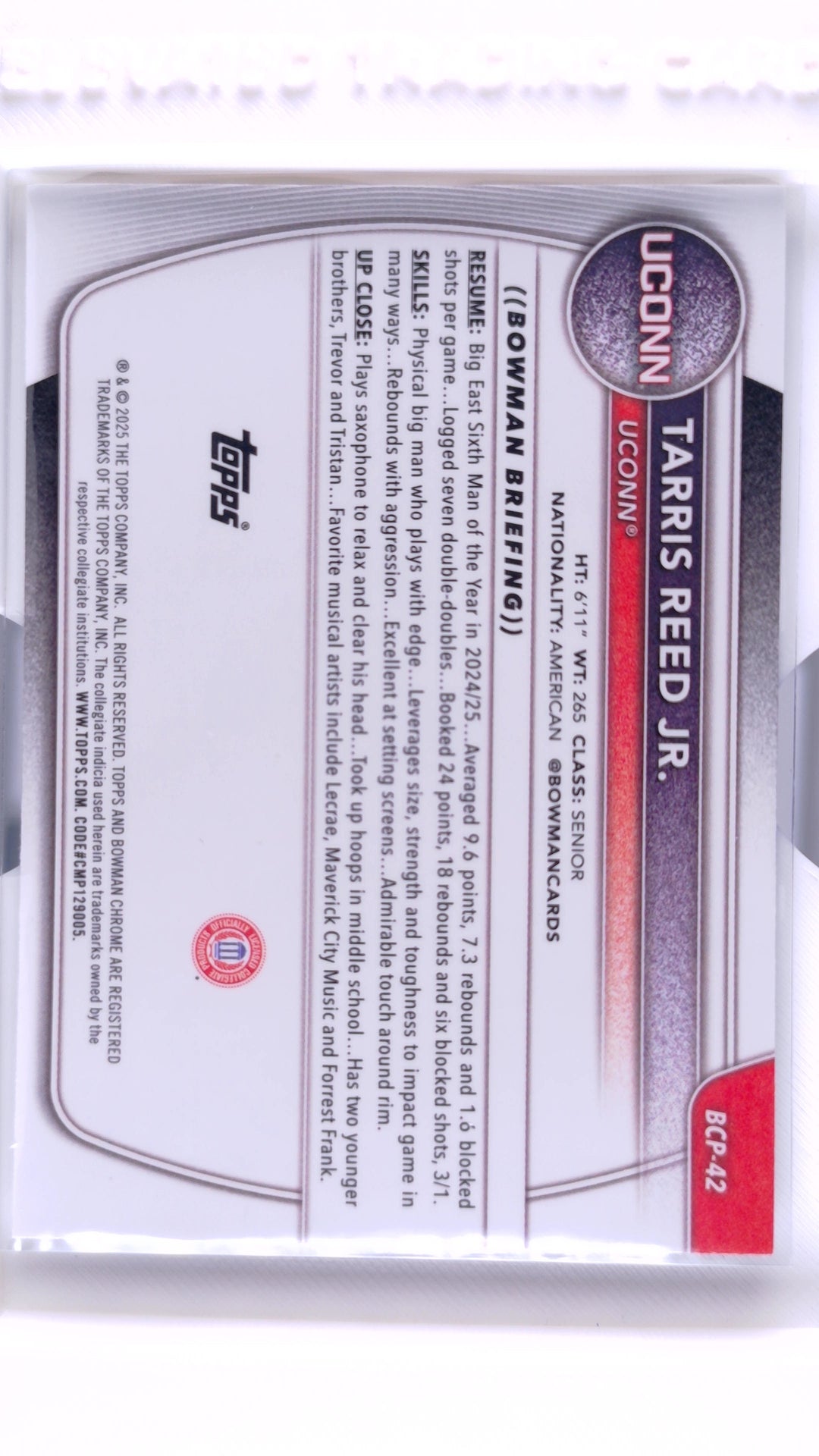 #BCP-42 Tarris Reed Jr. Chrome Prospects - back