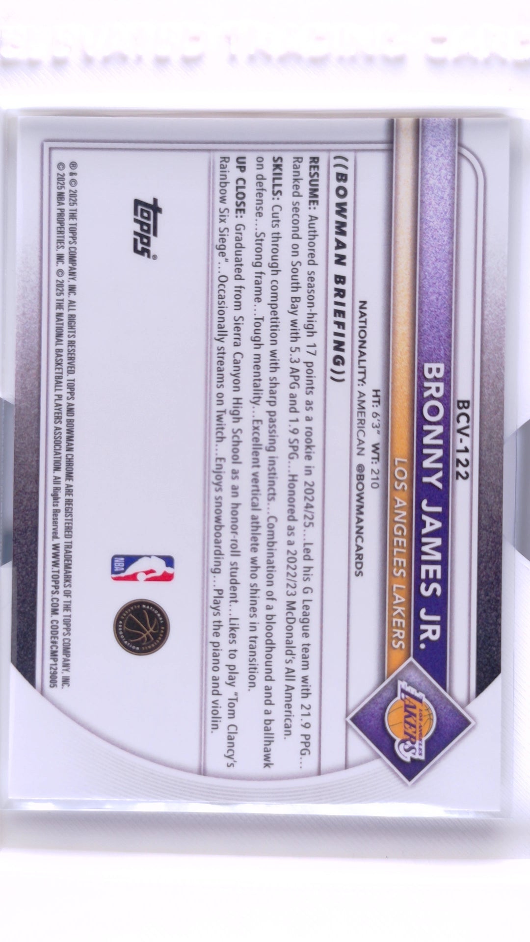 #BCV-122 Bronny James Jr. Chrome - back