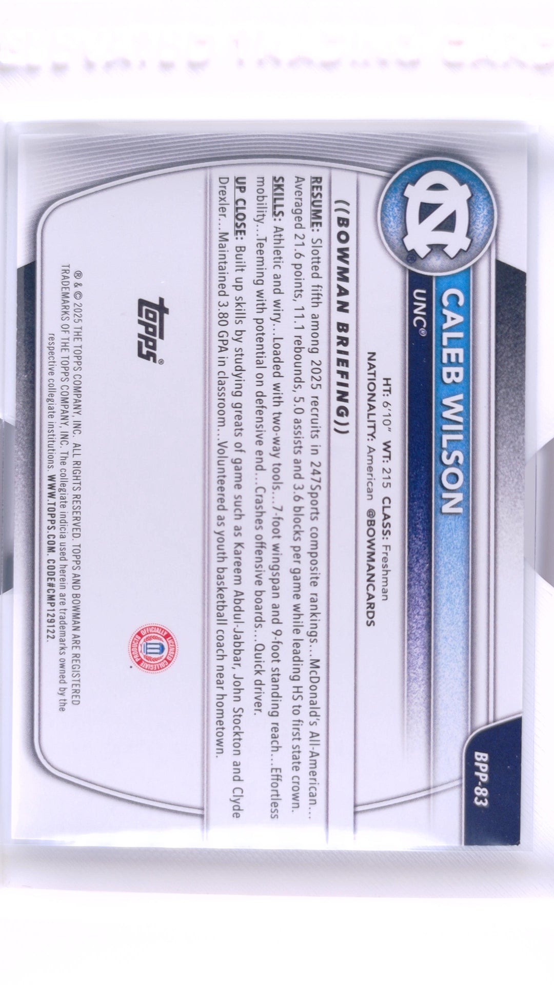 #BPP-83 Caleb Wilson Prospects Blue Border #69/150 - back