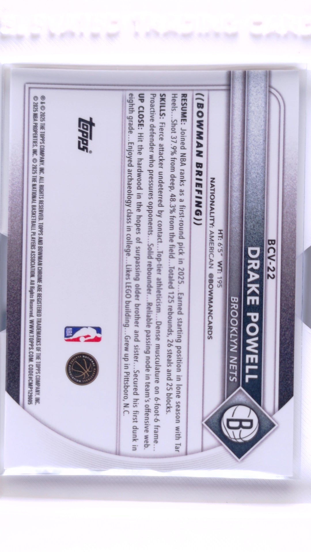 #BCV-22 Drake Powell Rookie Chrome - back
