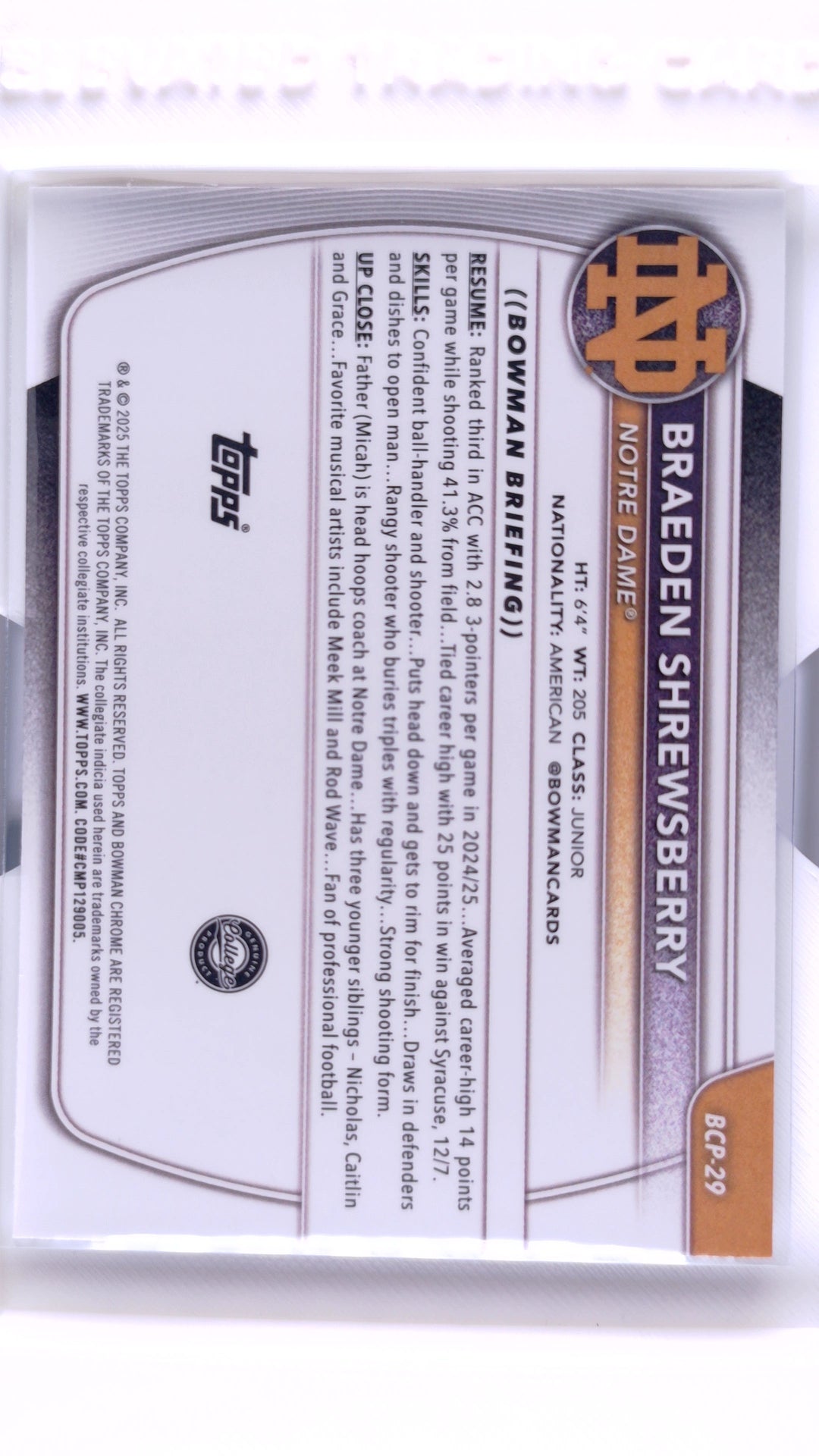 #BCP-29 Braeden Shrewsberry Chrome Prospects - back
