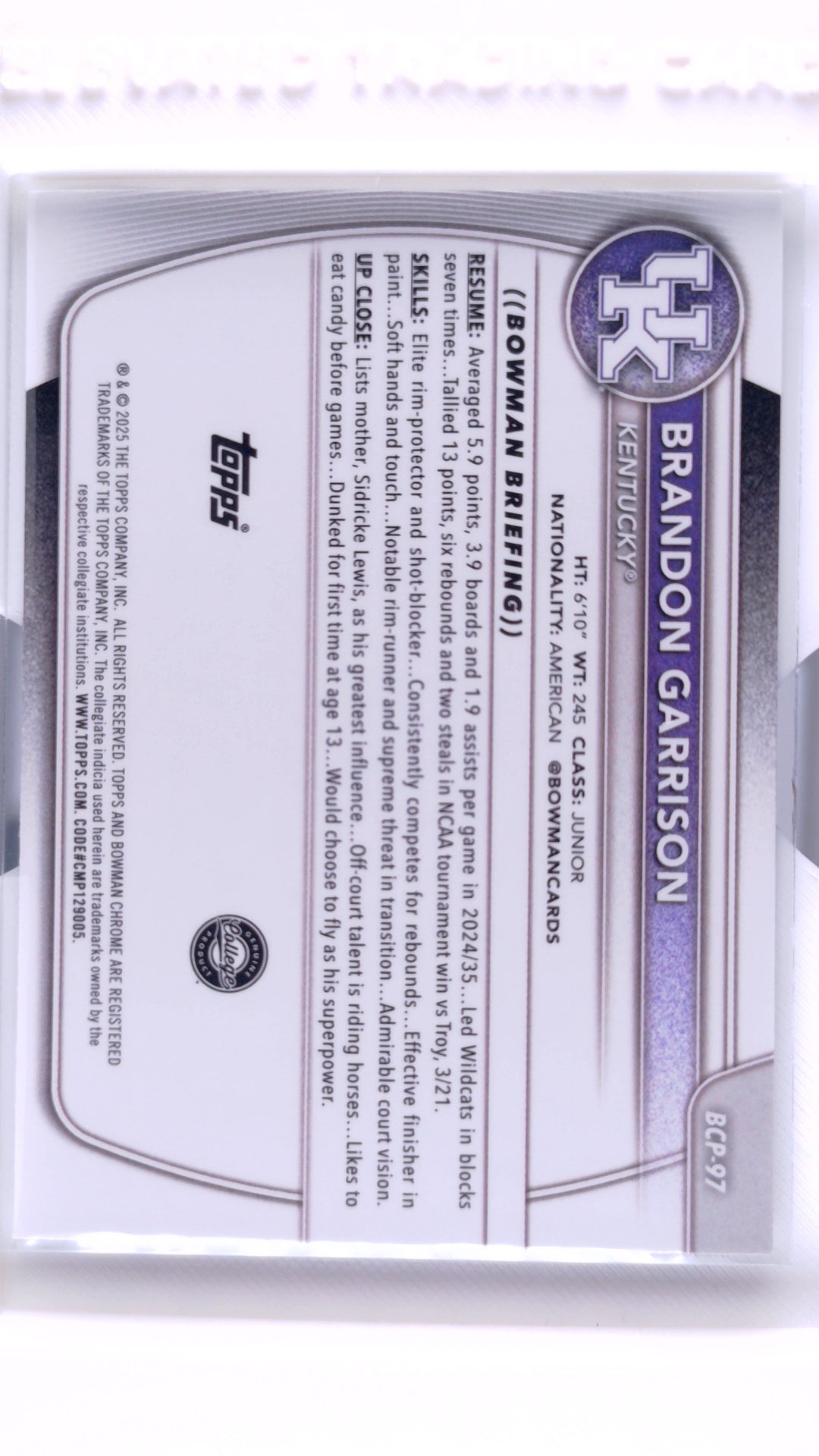 #BCP-97 Brandon Garrison Chrome Prospects - back