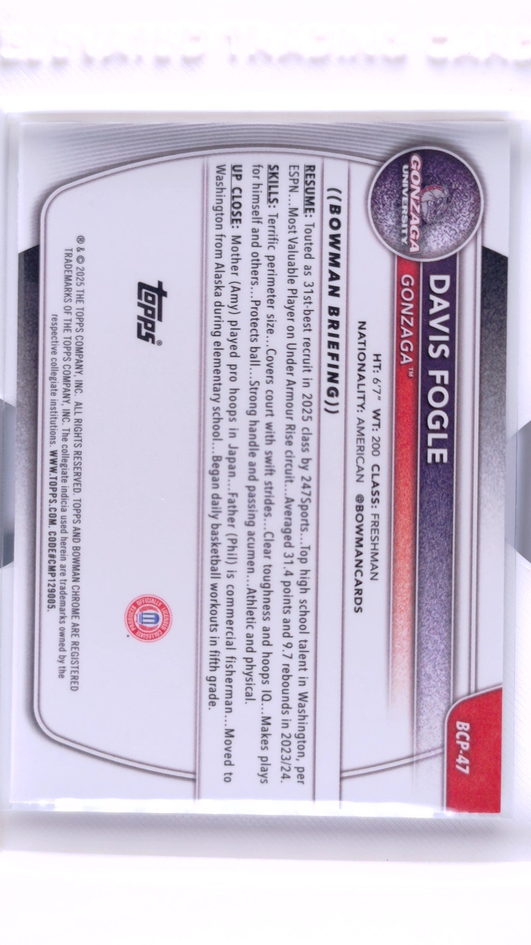 #BCP-47 Davis Fogle Chrome Prospects - back