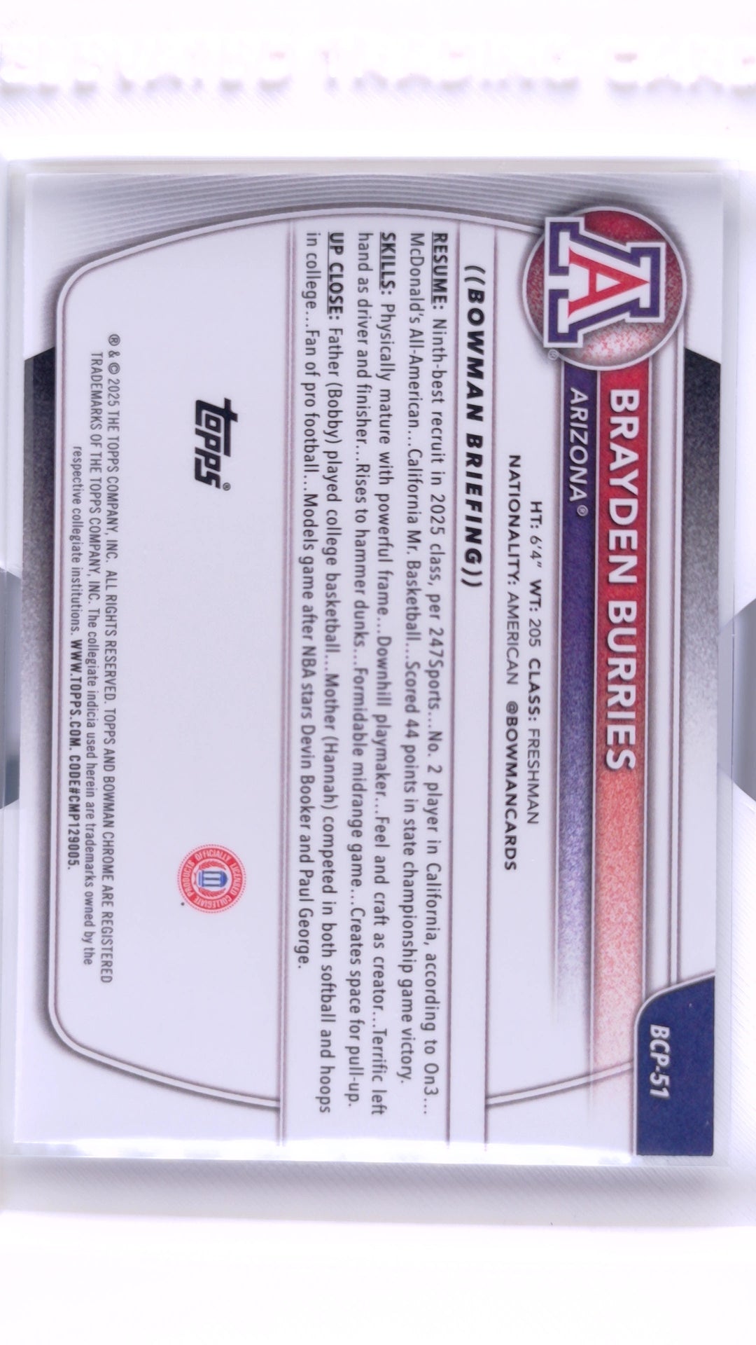 #BCP-51 Brayden Burries Chrome Prospects - back