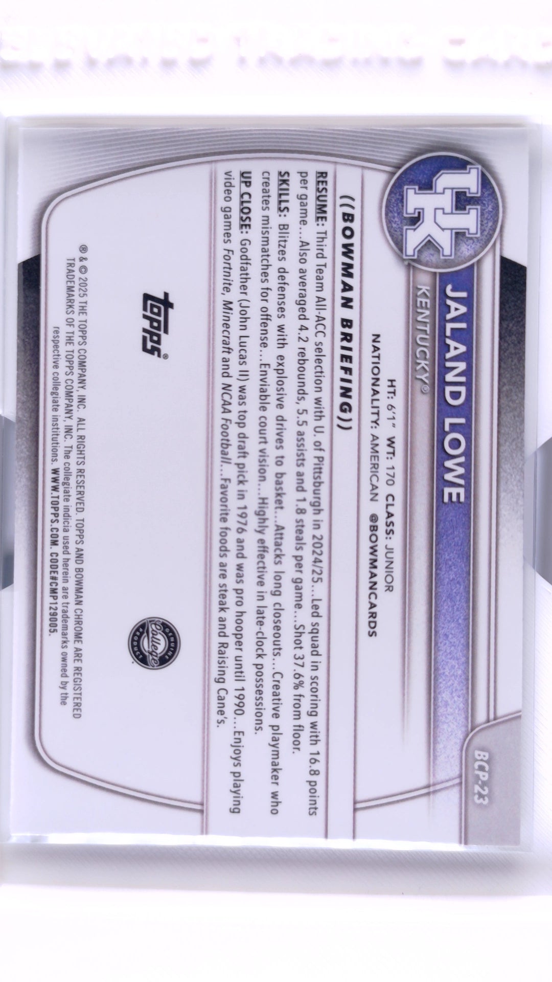 #BCP-23 Jaland Lowe Chrome Prospects - back