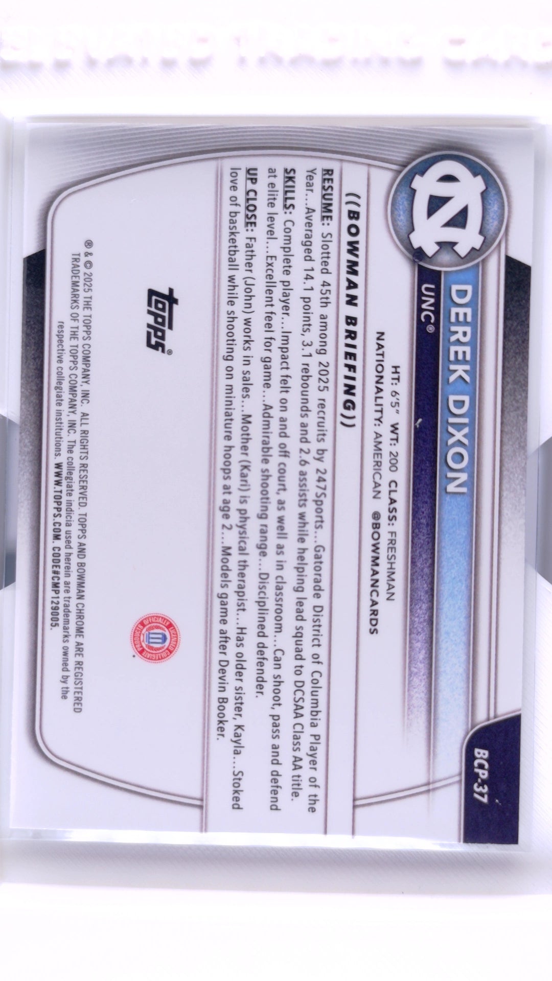 #BCP-37 Derek Dixon Chrome Prospects - back