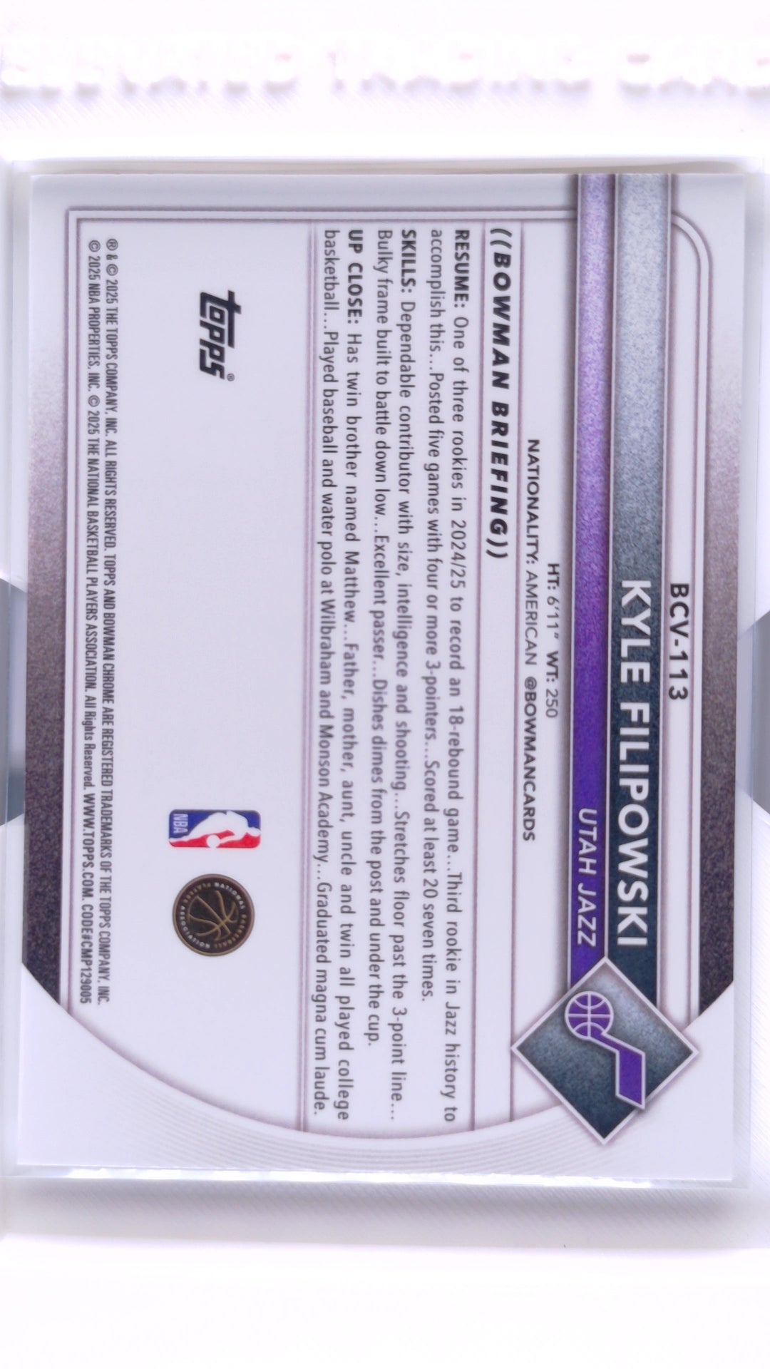 #BCV-113 Kyle Filipowski Chrome - back