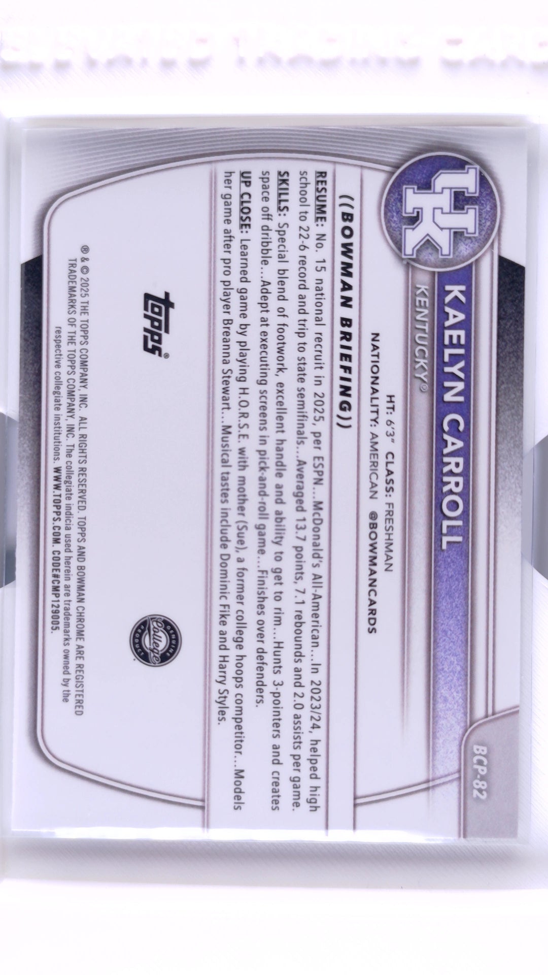 #BCP-82 Kaelyn Carroll Chrome Prospects - back