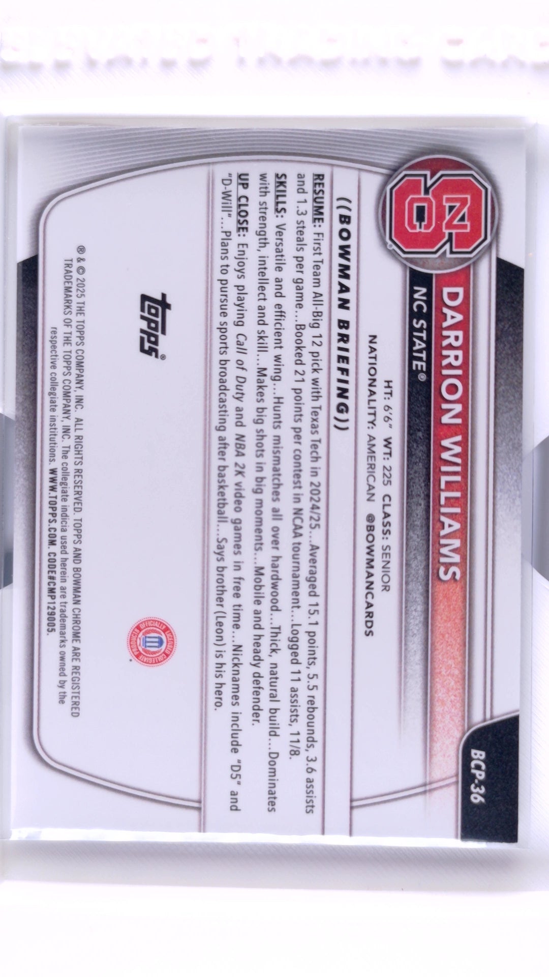 #BCP-36 Darrion Williams Chrome Prospects - back