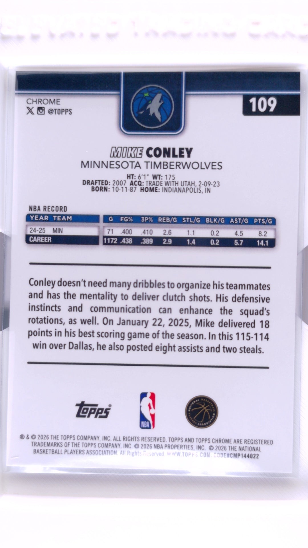 #109 Mike Conley Blue Basketball Refractor #90/150 - back