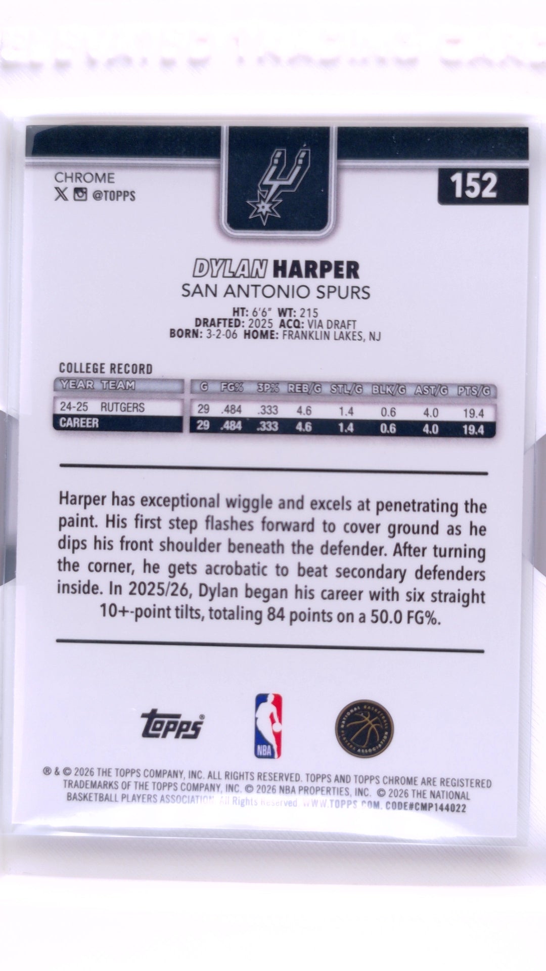 #152 Dylan Harper Rookie Wave Refractor - back