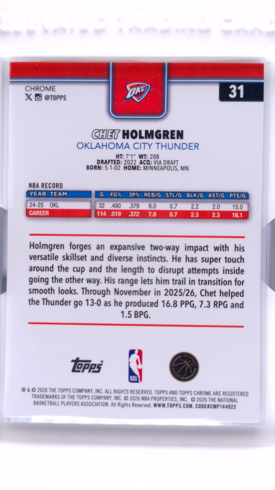 #31 Chet Holmgren Wave Refractor - back