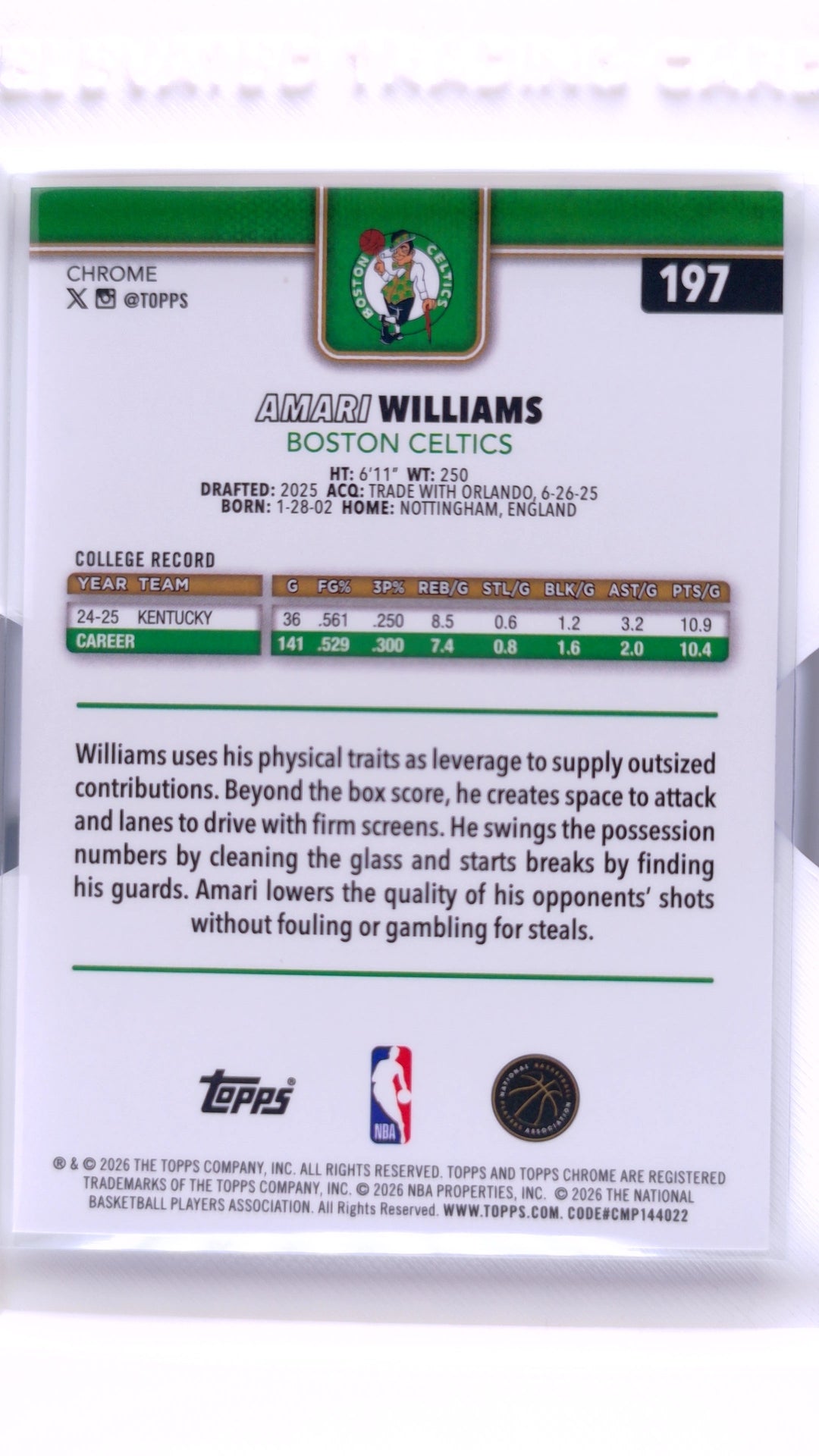 #197 Amari Williams Rookie Refractor - back