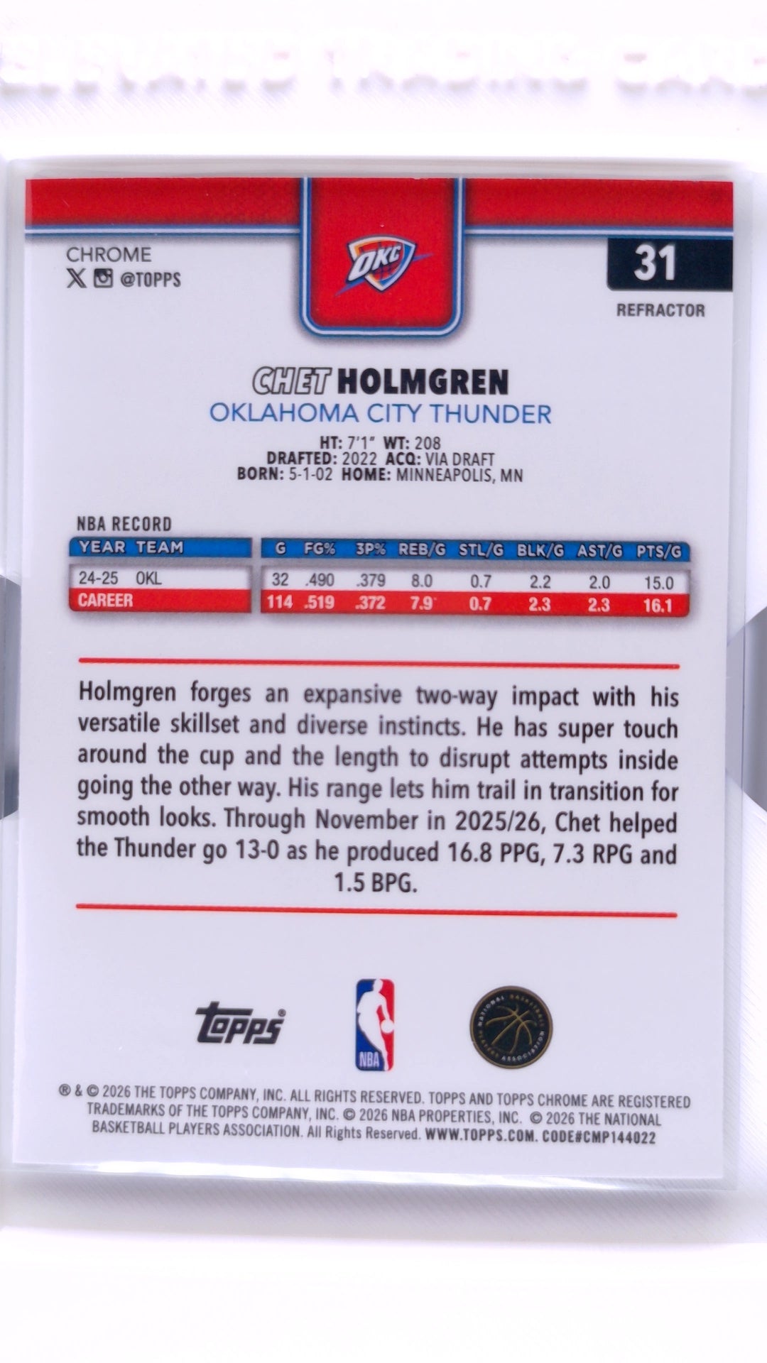 #31 Chet Holmgren Refractor - back