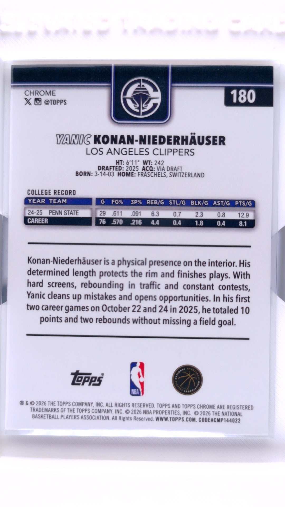 #180 Yanic Konan-Niederhäuser Rookie Refractor - back