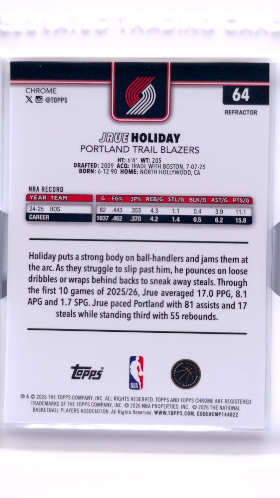#64 Jrue Holiday Refractor - back