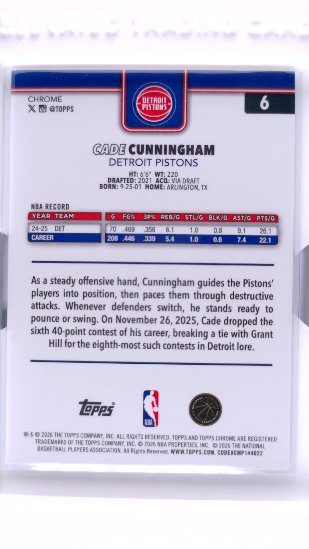 #6 Cade Cunningham Refractor - back